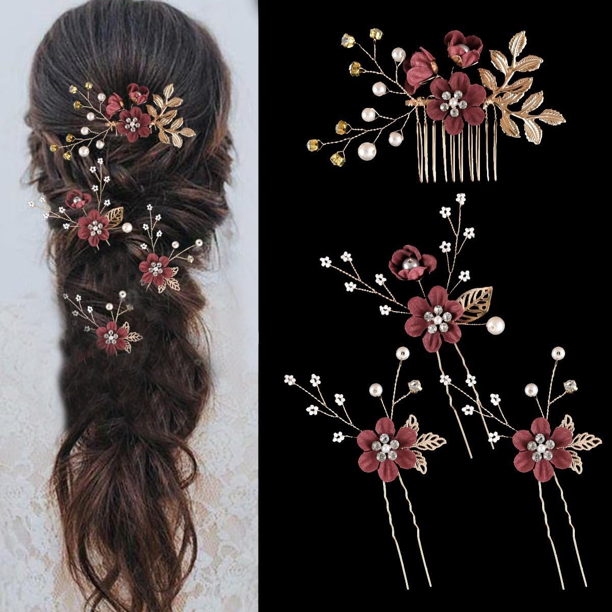 Set of 4 Flower Hair Accessories, Hair Combs Hair Pins Set, Elegant Beads, U-Shaped Clip, Bridal Jewellery, Wedding Hair Clips, Headpiece for Hair, for Party, Prom, Wedding, Dinner, Wine Red image number 1