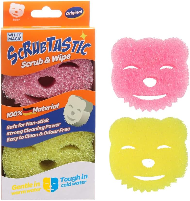 White Magic Scrubtastic Scrub & Wipe Sponge Original 2 Pack &ndash; 100% German Material, Tough in Cold Gentle in Warm, Ergonomic Bear Shape, Scratch-Free, Odour Resistant, Safe for All Surfaces