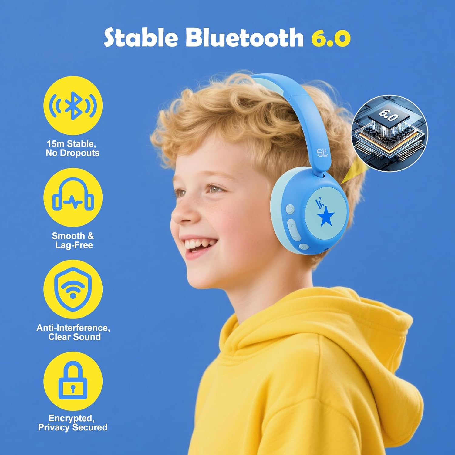 Nova1Star Active Noise Cancelling Headphones for Kids, 60H Play Time,Bluetooth6.0,3-Level Volume 75/85/94Db,Anc Safe Wireless Listen,Type C Fast Charging,With Mic,For School,Travel & Airplane (Blue) - Blue image number 6
