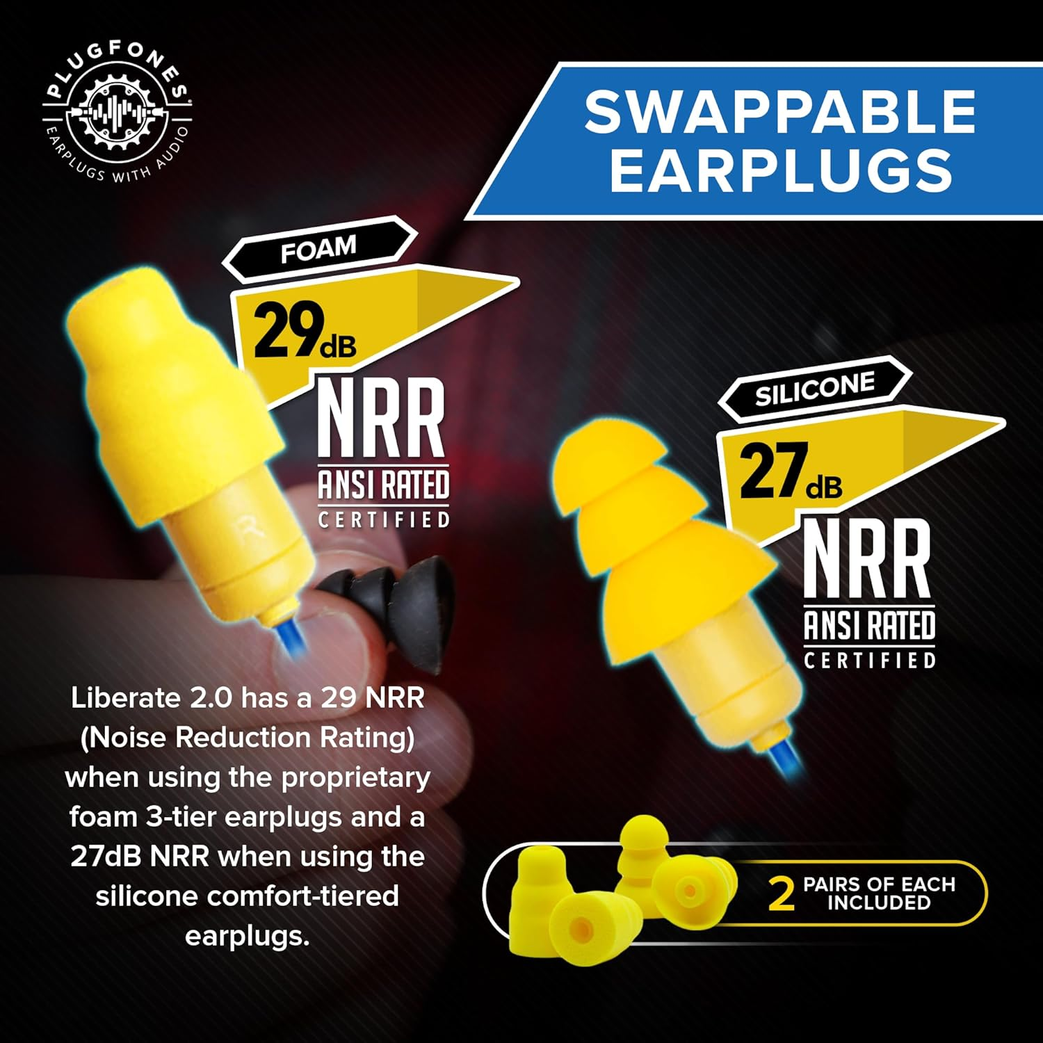 Plugfones Liberate 2.0 Wireless Bluetooth Headphones with Earplugs, Blue/Yellow (NA) - Blue/Yellow image number 5