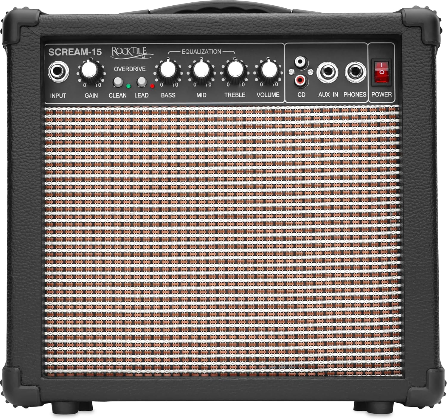 Rocktile Scream 15 Guitar Amplifier Mini Combo Amp (15 Watt Amplifier, 2 Channels, Portable, Aux-In for MP3/CD, 3-Band Equalizer, Headphone Jack) image number 5