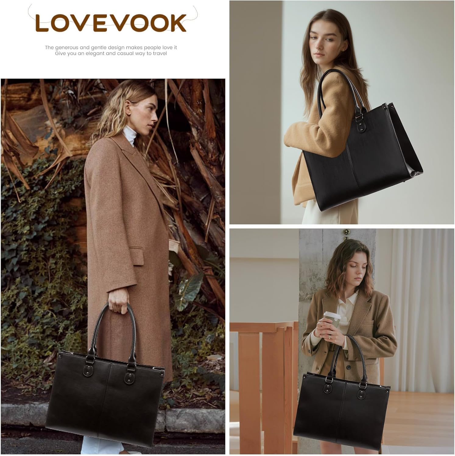 LOVEVOOK Laptop Bag for Women, 15.6 Inch Laptop Tote Bag Vintage Work Bags for Women Computer Bag Office Briefcase Handbag - Black image number 5