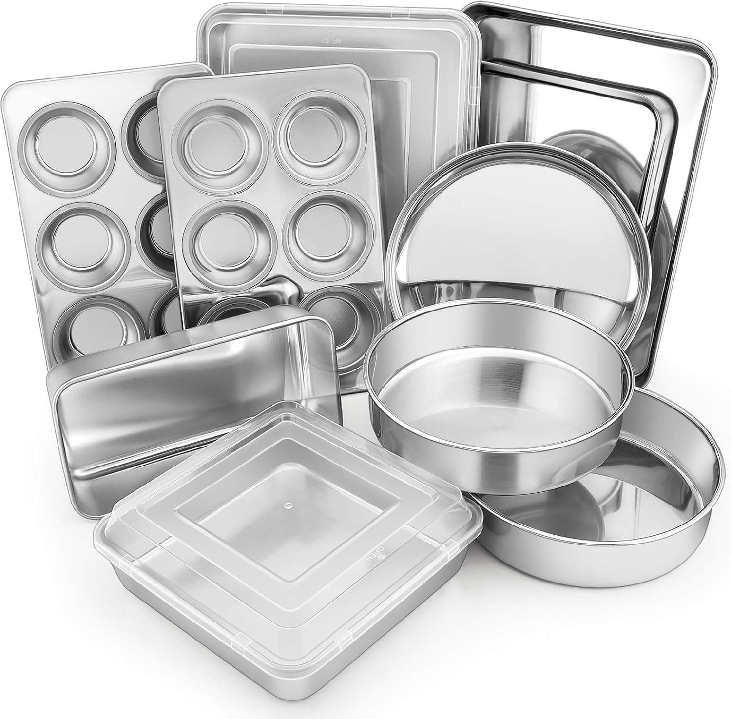 E-Far 12-Piece Stainless Steel Bakeware Sets, Metal Baking Pan Set Include round Cake Pans, Square/Rectangle Baking Pans with Lids, Cookie Sheet, Loaf/Muffin/Pizza Pan, Non-Toxic & Dishwasher Safe image number 3