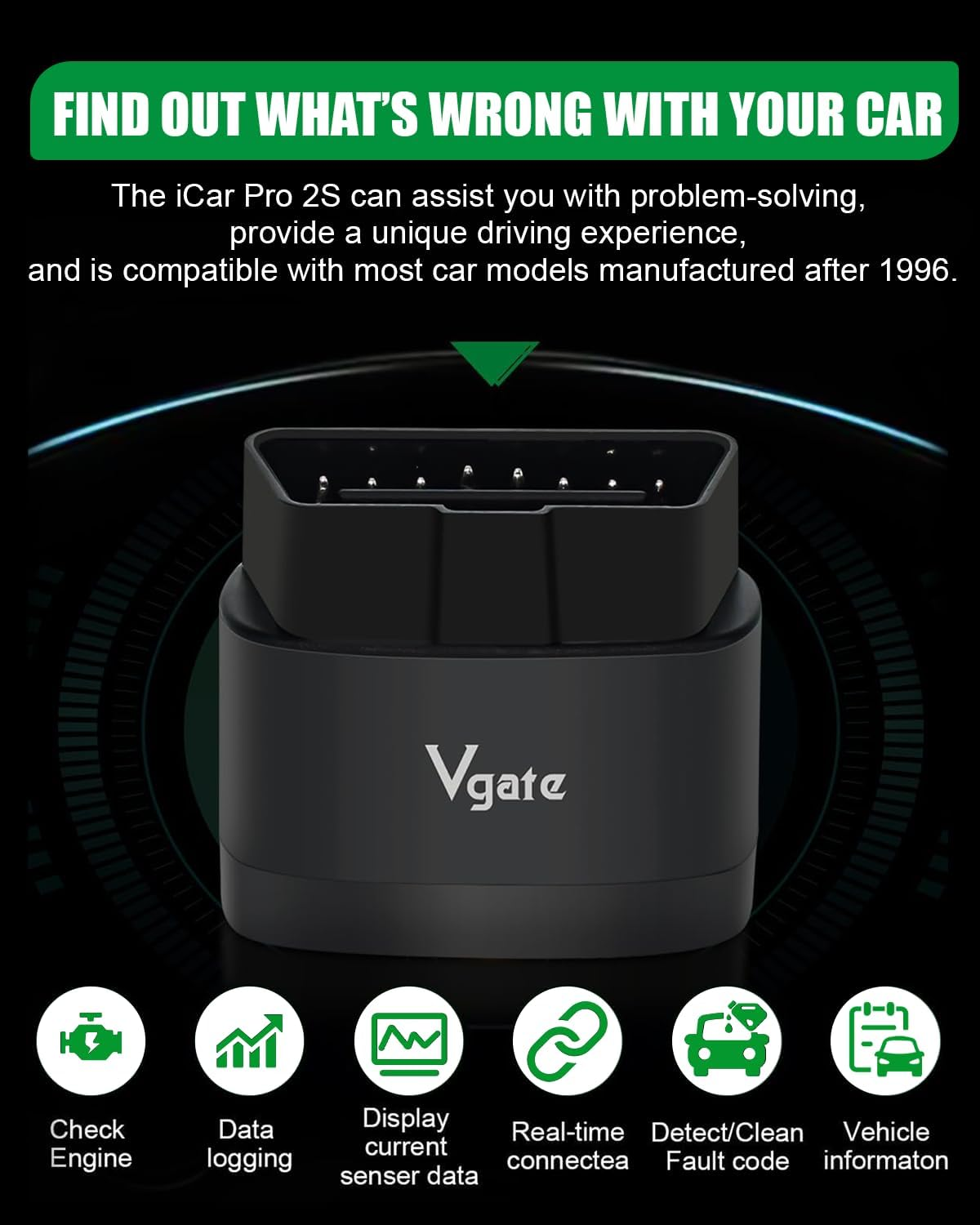 V-Gate Icar Pro 2S Bluetooth 5.2 OBD2 Code Reader OBDII Fault Diagnostic Tool Compatible Car Adapter Check Engine for Ios, Android and Windows image number 2