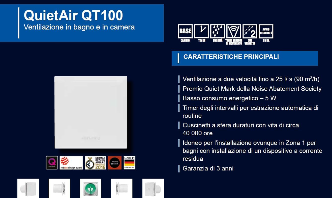 Airflow QT100HT Extractor with Humidity and Adjustable Timer &ndash; Duct 100 Mm/4, Quietmark 25 Db, Energy Efficiency 5/9W, 2 Speeds up to 25 L/S, Warranty 3 Years