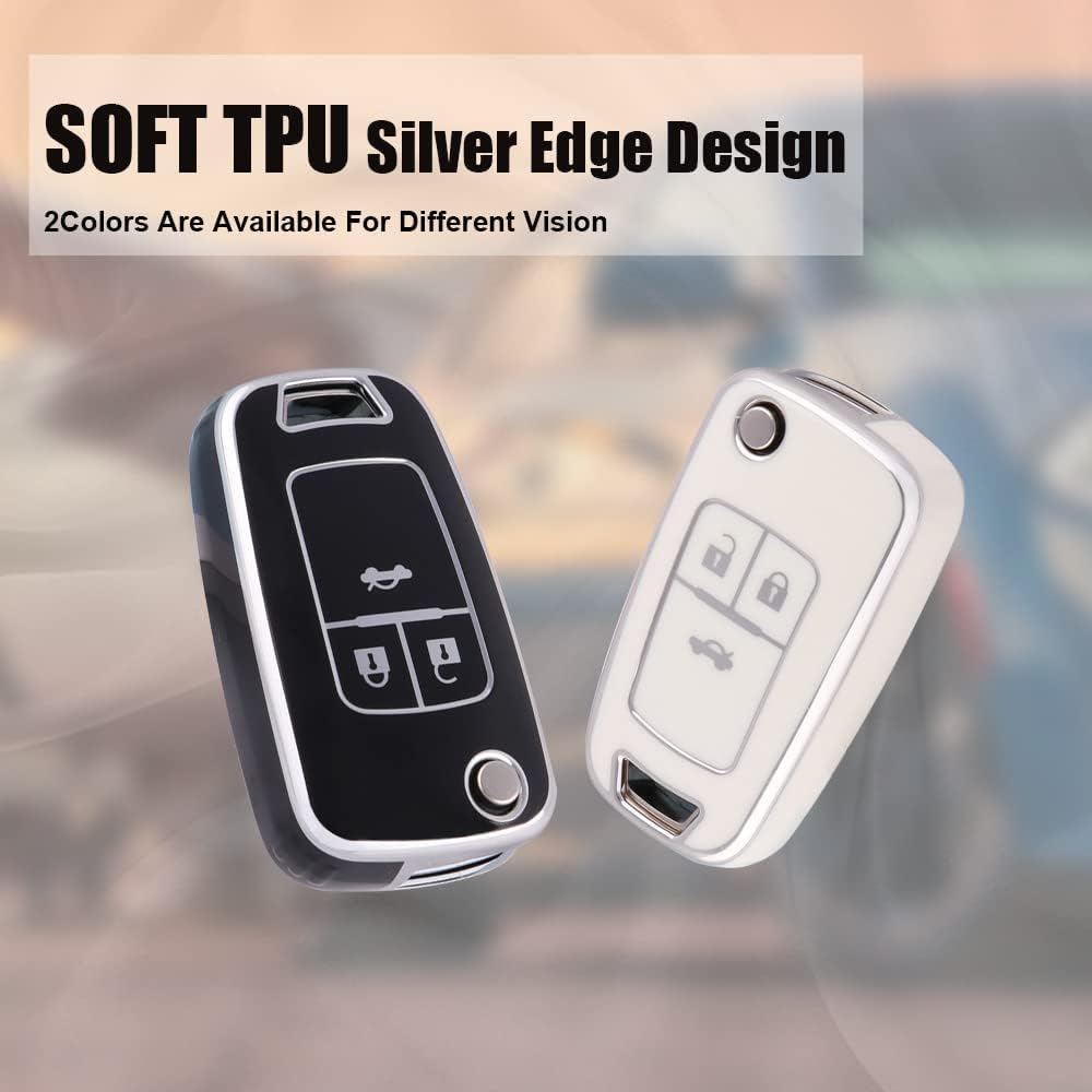 HIBEYO Key Fob Cover Compatible with Chevrolet Cruze Aveo Trax Sail Malibu Captiva Opel Vauxhall Astra J Corsa Insignia Mokka Key Case Holder Flip 3 Button with Leather Keychains-Black - Bling Keychain White image number 3