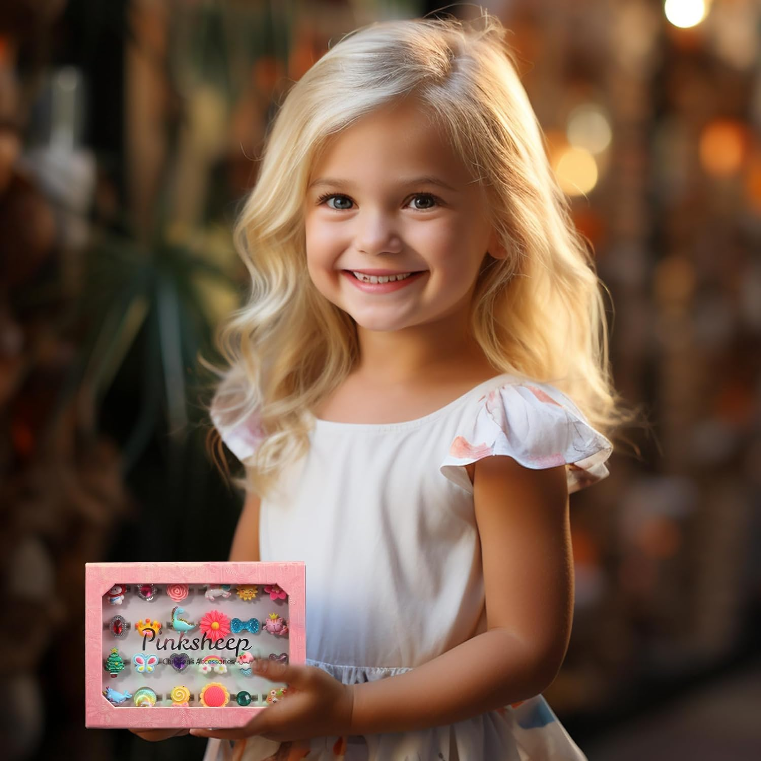 Pinksheep Little Girl Jewel Rings in Box, Adjustable, No Duplication, Girl Pretend Play and Dress up Rings (24 Lovely Ring), Silicone, No Gemstone image number 4