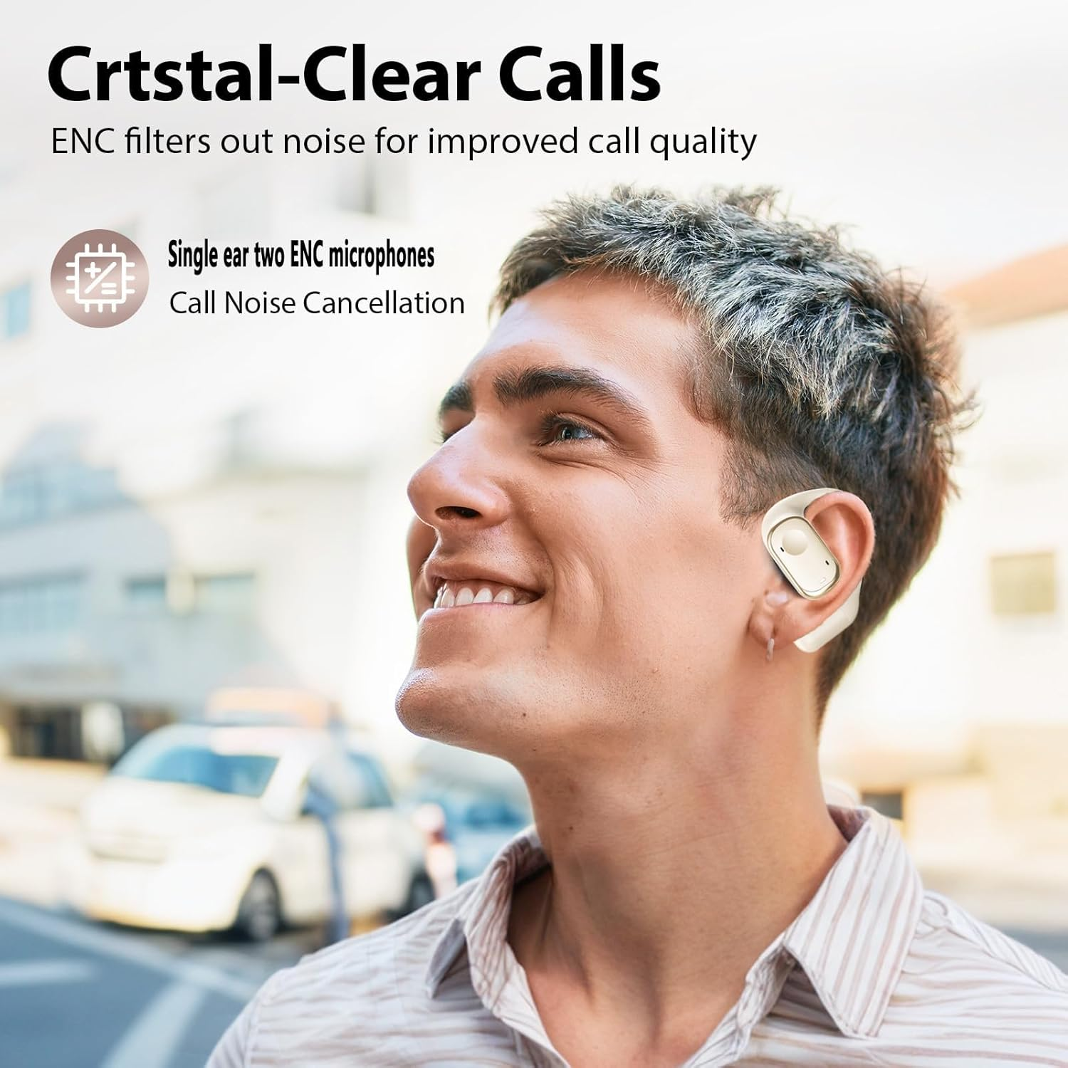 SPOTFISH Open Ear Headphones Bluetooth 5.3, Wireless Earbuds 14.2Mm Enhanced Bass,Immersive Stereo Sound By,Hanging Ear Sports Earphones,4 Mics Clear Calls-Y30 (Beige