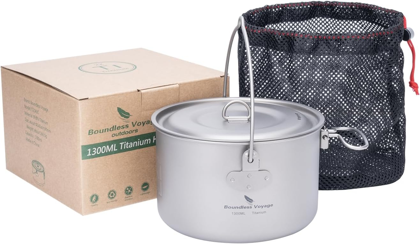 Boundless Voyage Camping Titanium Hanging Pot with Folding Handle Picnic Hiking Big Capacity Kettle Cookware 1.3L 1.95L 2.9L (Yti2043C-1300Ml) image number 6