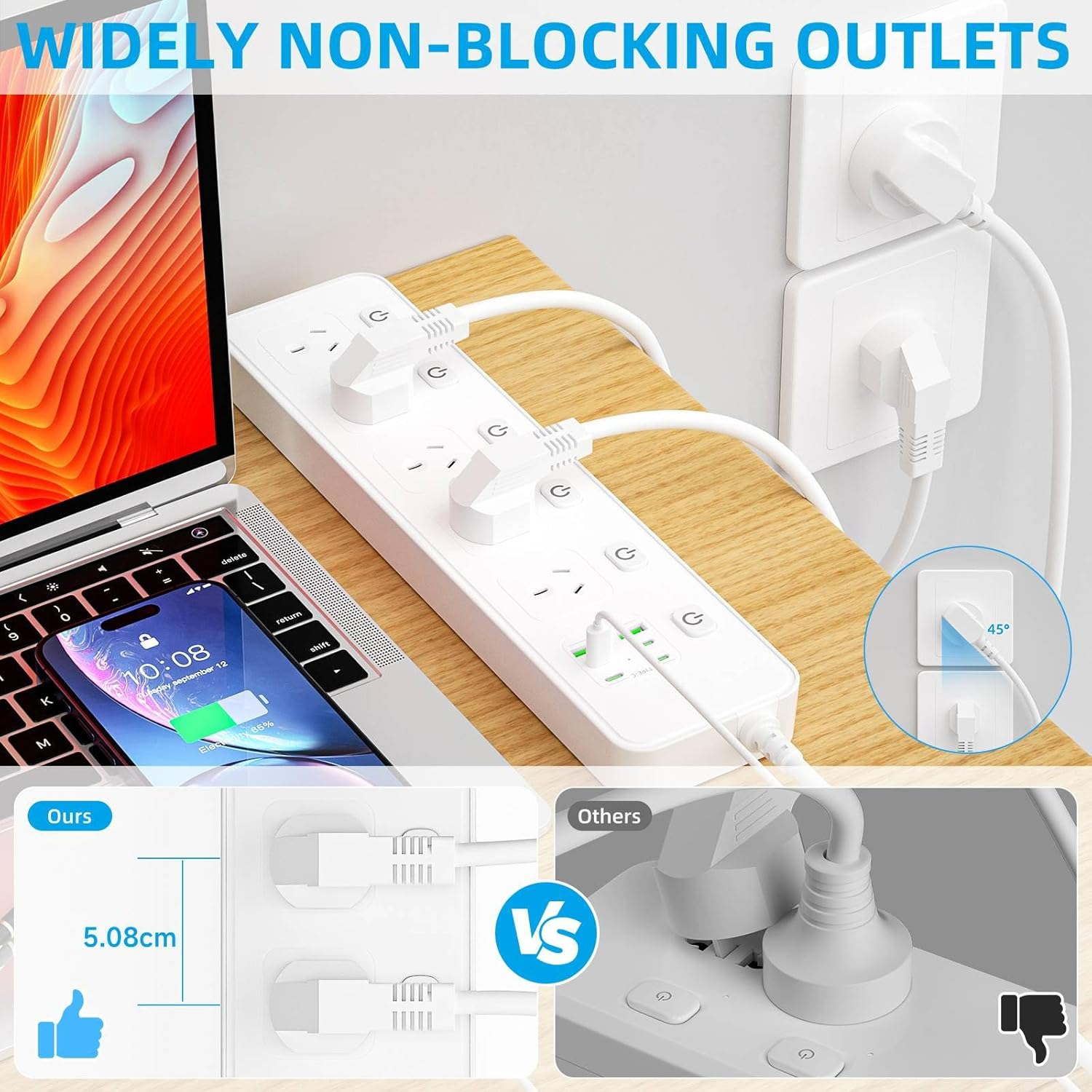 Power Board Individual Switch,11-In-1 Power Strip with 5 AC Outlets, Surge Protector Powerboard with 6 USB Ports(4 USB C Outlets), 1.8M Extension Cord Power Strip,Wall Mount for Home Office- White image number 1