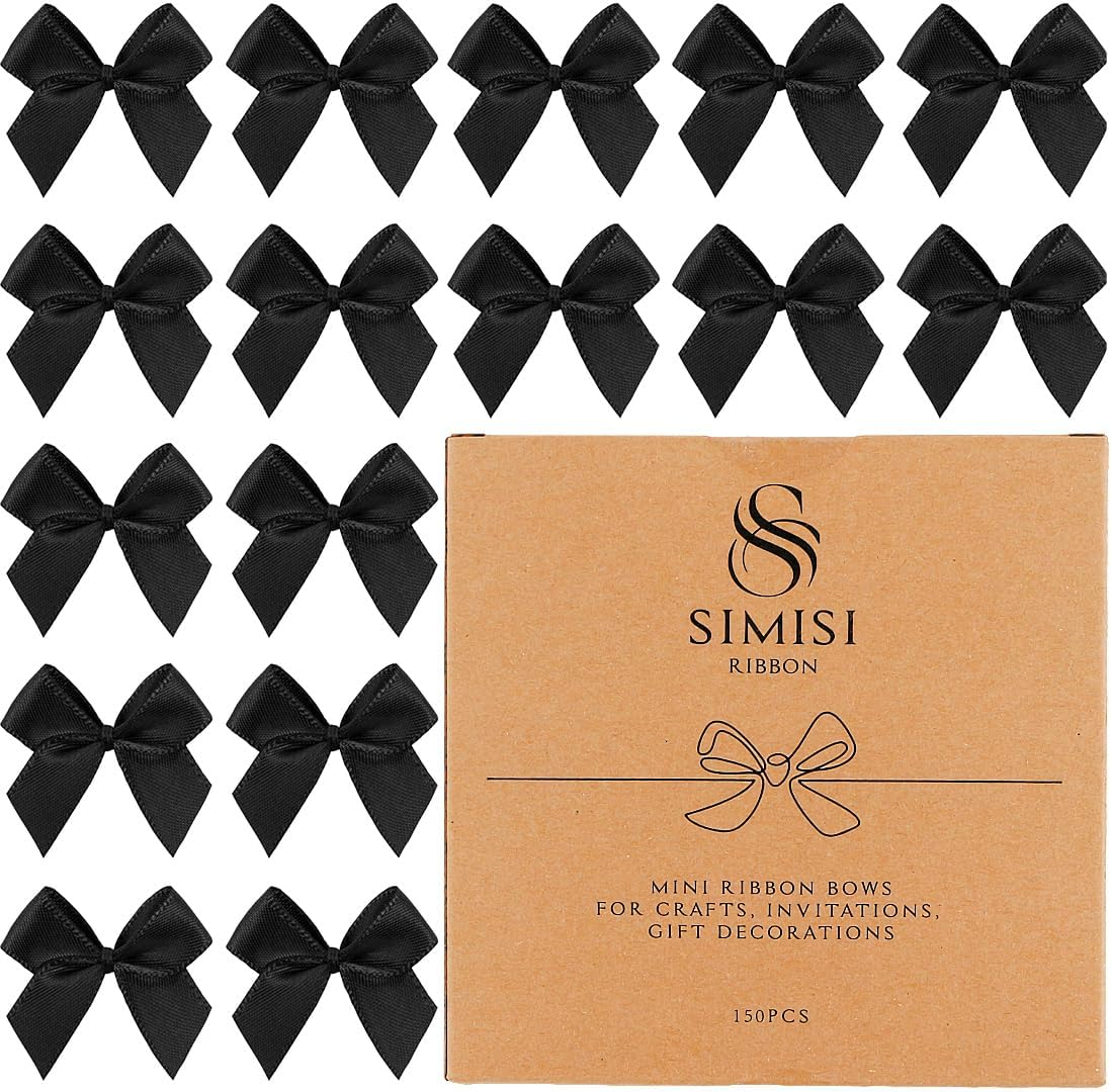 150 Pieces Mini Ribbon Bows for Crafts Black White Champagne Tiny Satin Bow for Gift Wrapping, Invitations, Christmas Tree