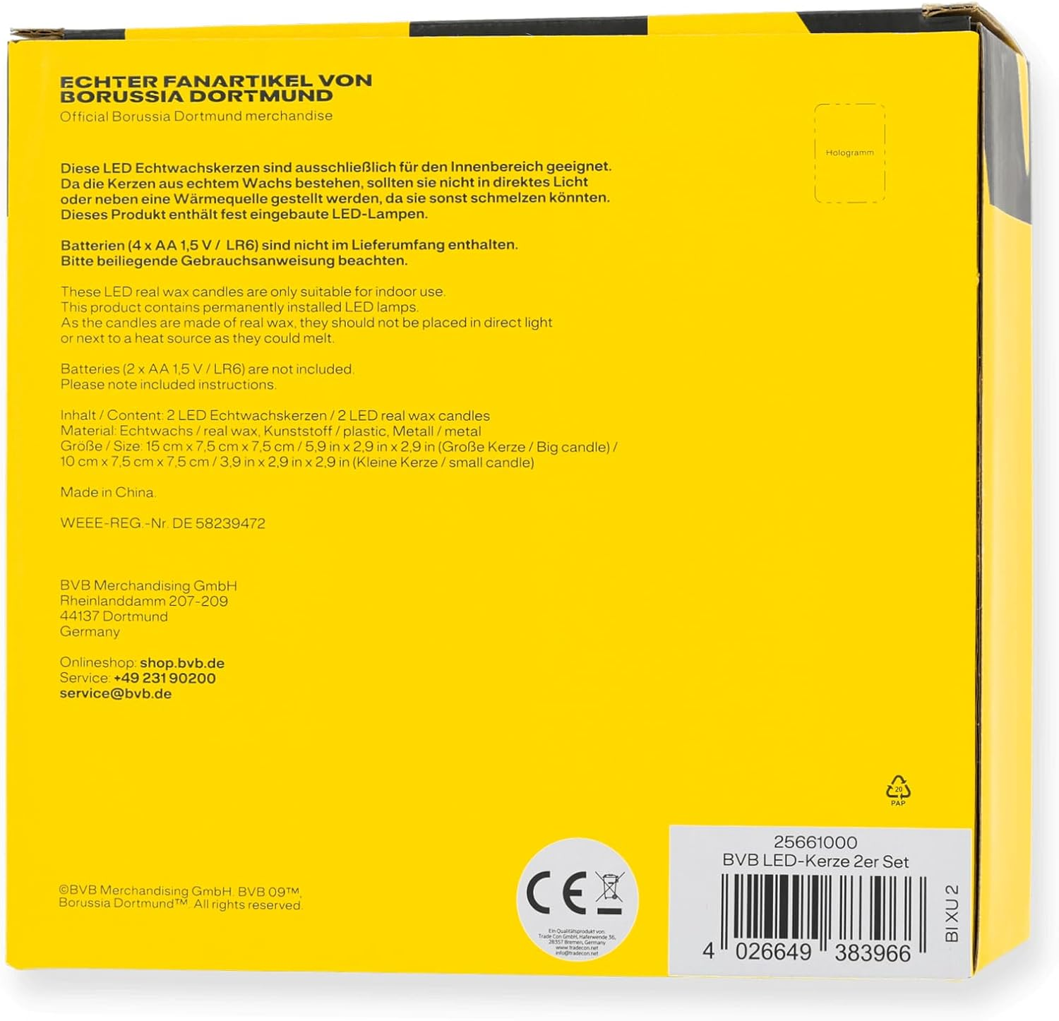 BVB LED Real Wax Candles, Set of 2, 15 Cm and 10 Cm, Black/Yellow with BVB Logo, Battery Operated image number 5