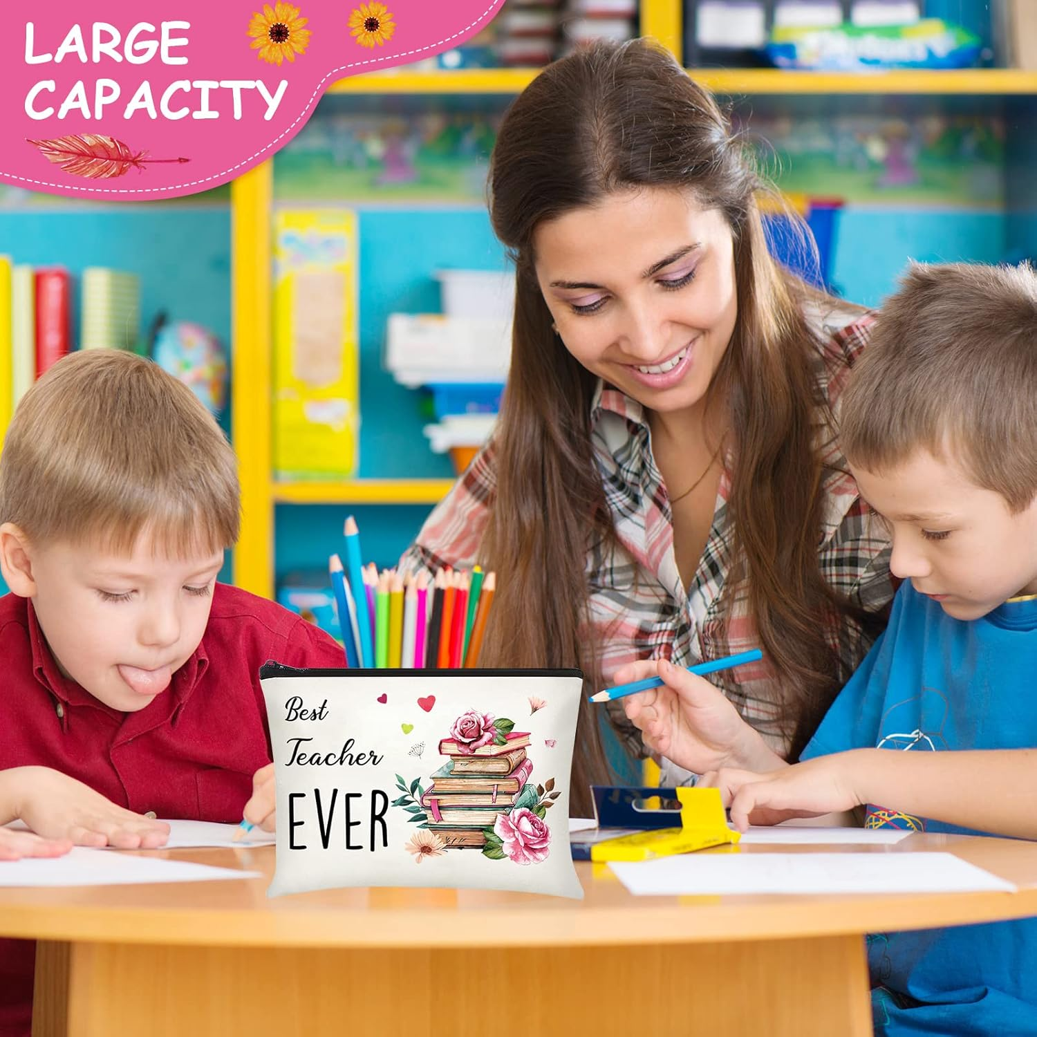 Buryeah 6 Pcs Teacher Appreciation Gifts Teacher Canvas Cosmetic Makeup Bags Toiletry Bag with Zipper for Travel Holiday Bulk(Retro) image number 3