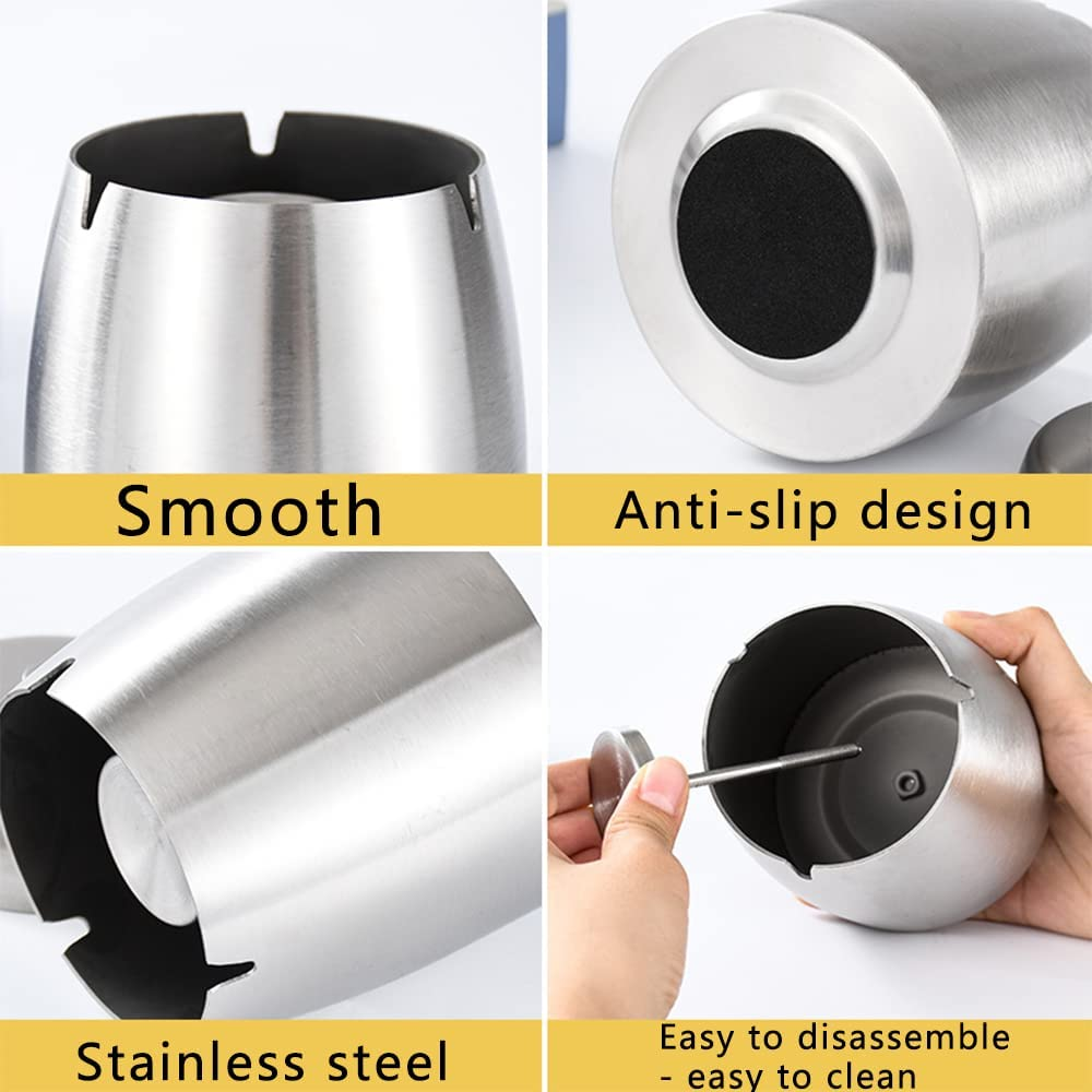 Large Stainless Steel Ashtray Smokeless, Odorless Thickened Windproof Ashtray with Lid, Portable Ashtray for Home Office Tabletop outside Patio Outdoor Balcony -Black image number 6