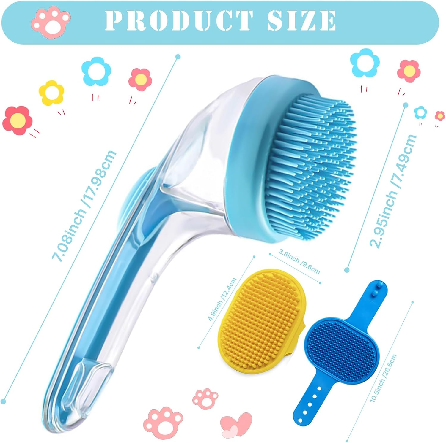 3Pcs Dog Bath Brush, Dog Scrubber for Bath, Shampoo Brush Bubble Maker, Dog Paw Washer, Grooming Massage Brush with Adjustable Ring Handle, Dog Accessories for Short & Long Hair -Blue image number 1