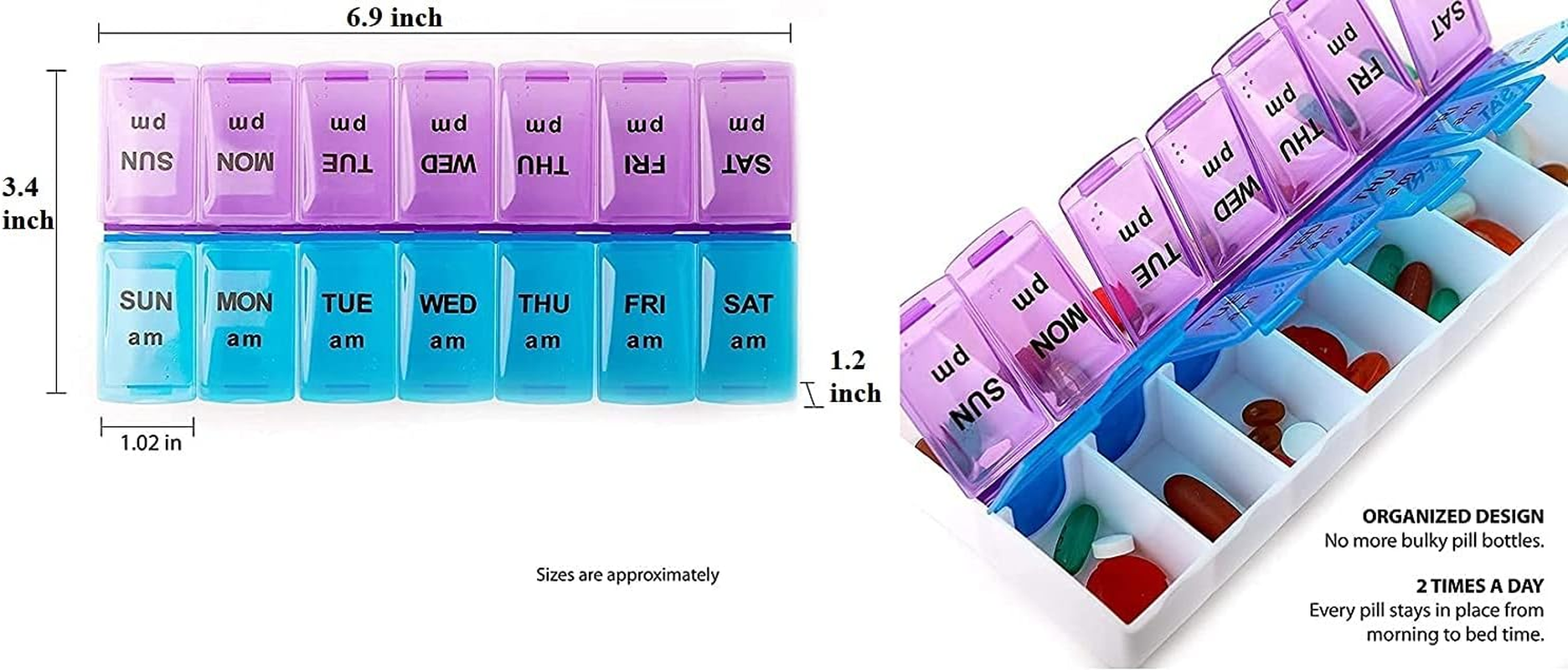 Weekly Pill Organizer Twice-A-Day, Large AM PM 7 Day Pill Box, Daily Pill Cases 2 Times a Day, One Week Pill Dispensers & Reminders, Medicine Planner for Medication, Vitamins, Fish Oil and Supplements (1 PCS) image number 4
