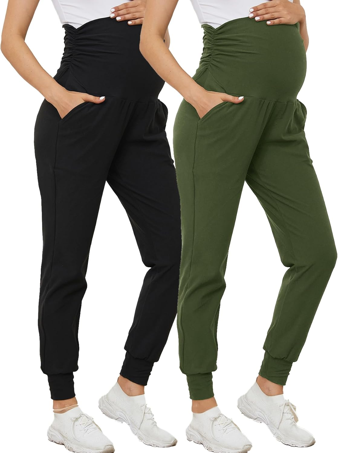 PARNIXS Women'S Maternity Workout Leggings over the Belly Pregnancy Yoga Pants with Pockets Soft Activewear Yoga Pregnancy Pant（2-Piece Set）