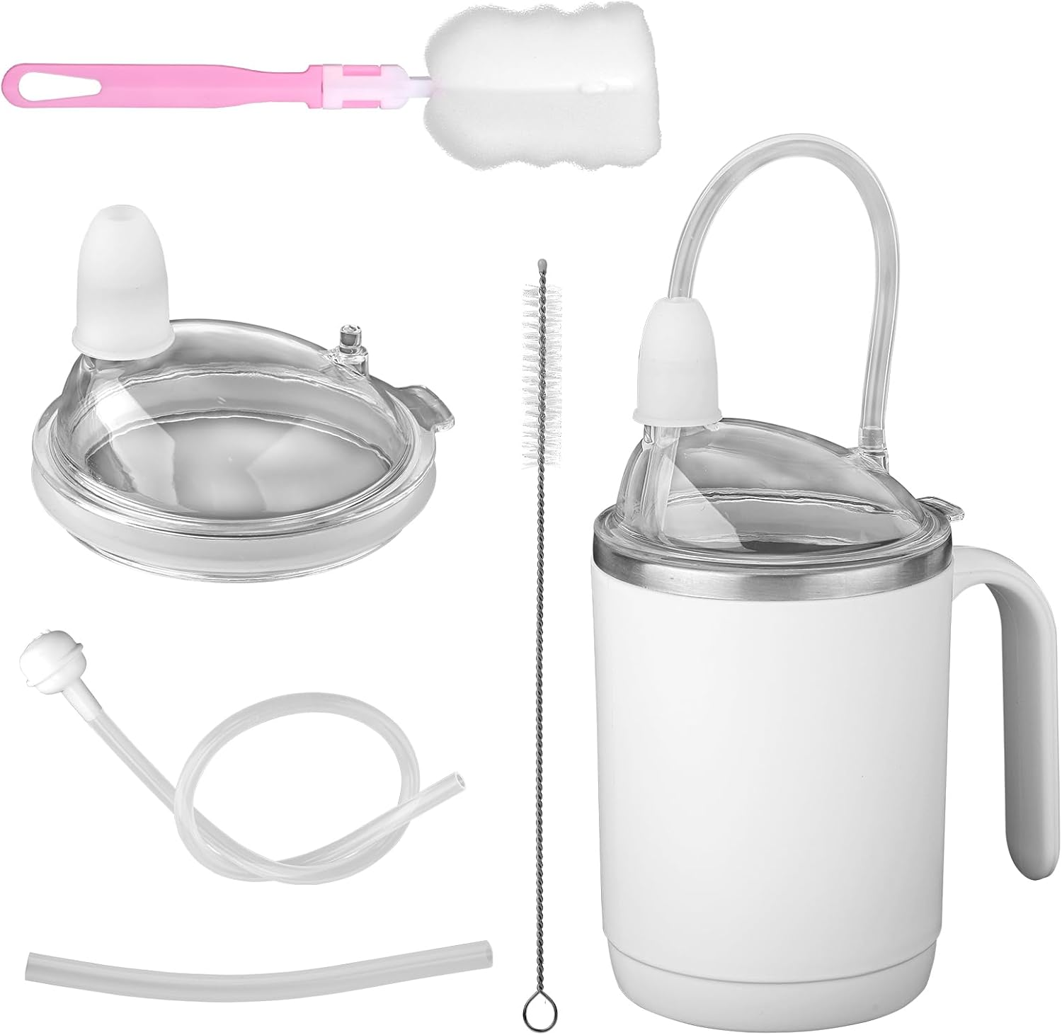 Gosknor Spill Proof Cups for Elderly, 450Ml Stainless Steel Sippy Cup No Spill Cups with Straw Leak Proof Porridge Mug Suitable for Seniors Adults Maternity Drinking Water Milk and Soup (White) image number 2