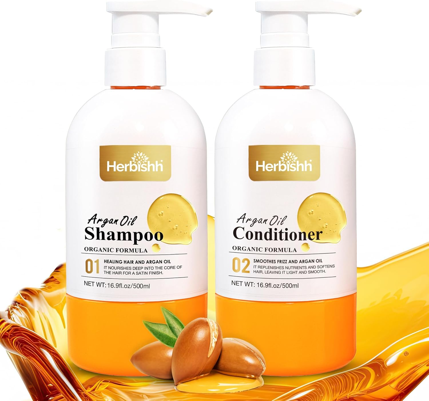 Herbishh Argan Oil Shampoo & Conditioner, Deep Cleansing & Promotes Hair Growth, Repairs Dry, Damaged Hair, UV Protection, with Shea Butter, Jojoba, Coconut Oil for Frizzy Colored Hair 16.9Fl.Oz Each