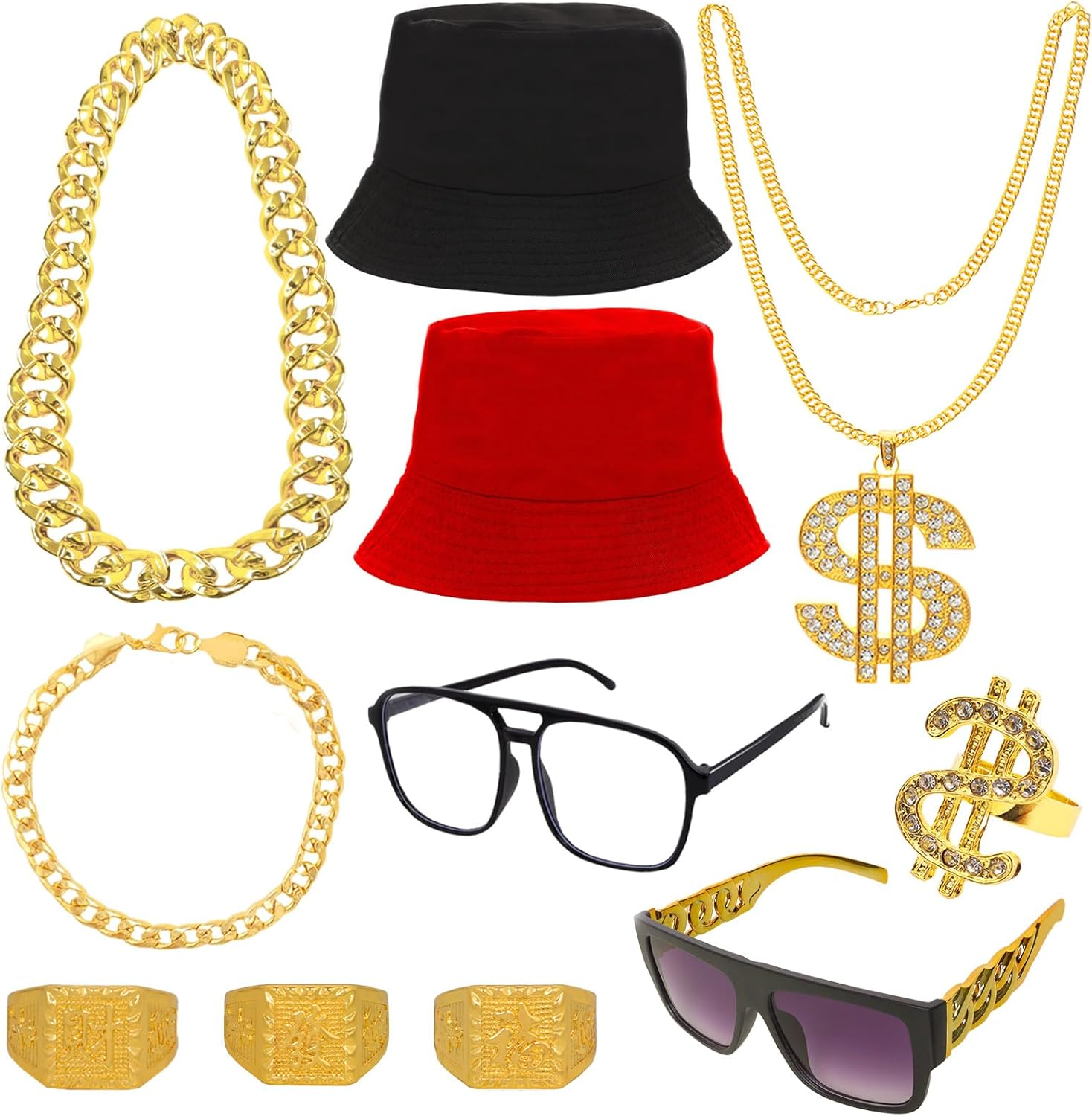 80S 90S Accessories Hip Hop Costume Outfit Kit Sunglass Hat Gold Chain Money Sign Necklace Ring Rapper Accessory image number 2