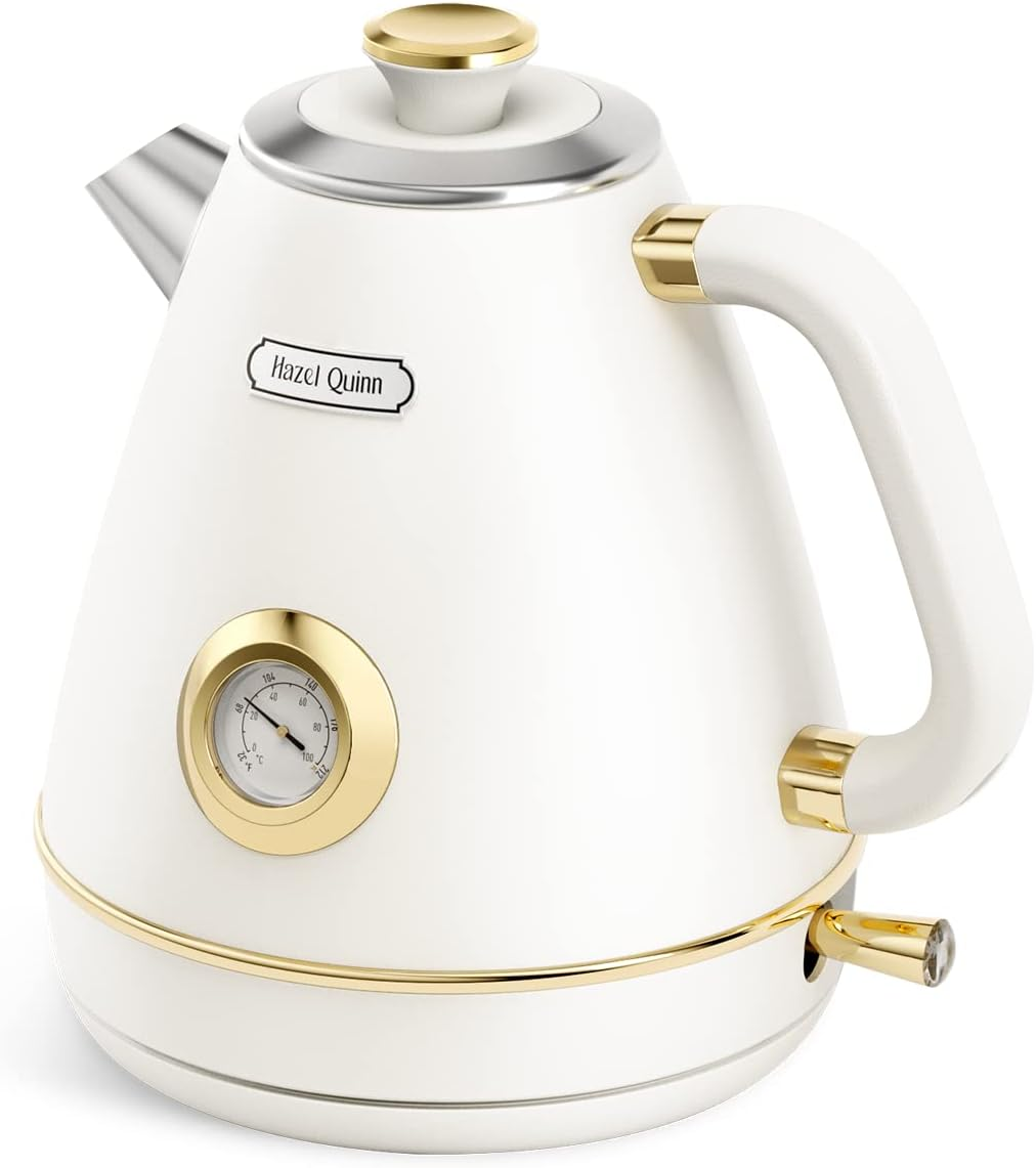 Hazel Quinn Vintage Electric Water Cordless Kettle, 304 Stainless Steel, Dial Thermometer, Fast Boiling, Auto Shut-Off, 1.7 L Capacity, 2200 W, 360&deg; Swivel Base, Floral Design by Artist Eduardo Recife