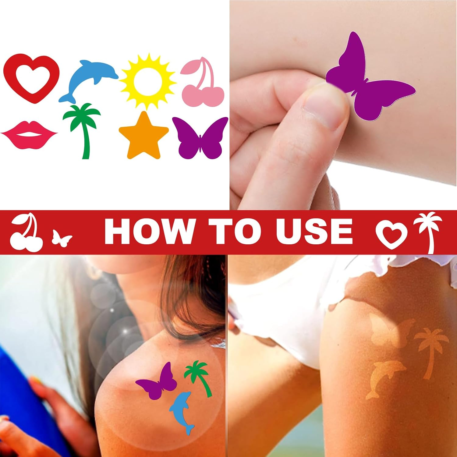 Whaline 240Pcs Tanning Sunbathing Stickers Heart Lips Star Sun Dolphin Butterfly Cherry Tree Tanning Decals Colorful Self Adhesive Body Stickers for Summer Beach Outdoor Indoor Salon Party Supplies image number 4