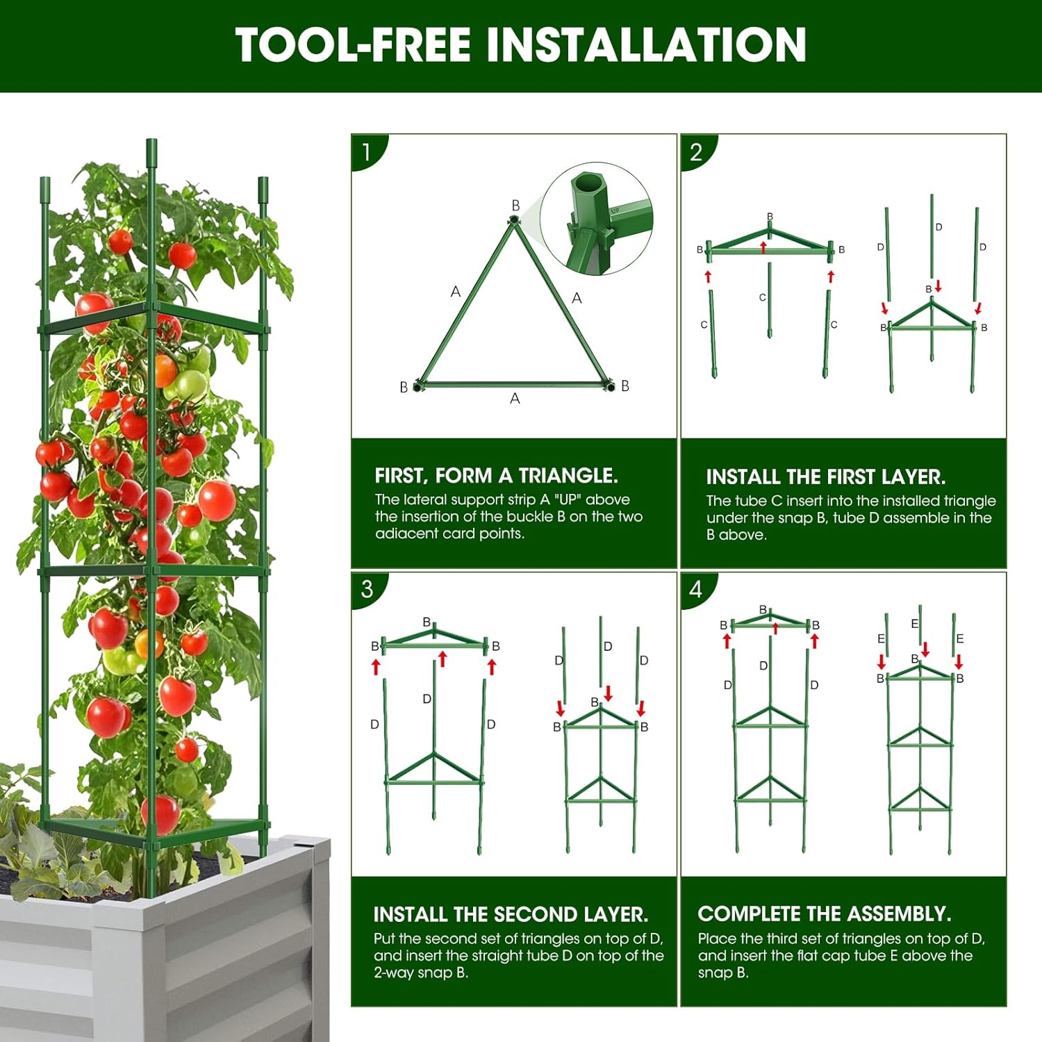 MQHUAYU 3 Pack Tomato Cages for Garden,Up to 51.2Inch Tomato Cage Trellis-Upgraded Hexagon Connector,Heavy Duty Adjustable Tomato Stake Support for Raised Garden Bed image number 5