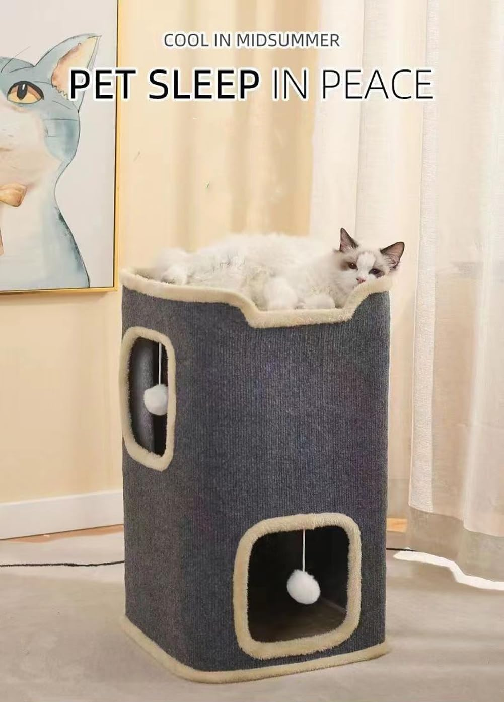 Indoor Cat House,Cat Cave, Covered Cat Hole Bed Furniture with Ball Hanging, Equipped with Concealed Apartments, Weighing up to 30 Pounds, 2-Story Cat Bed Cat House (Gray) image number 1
