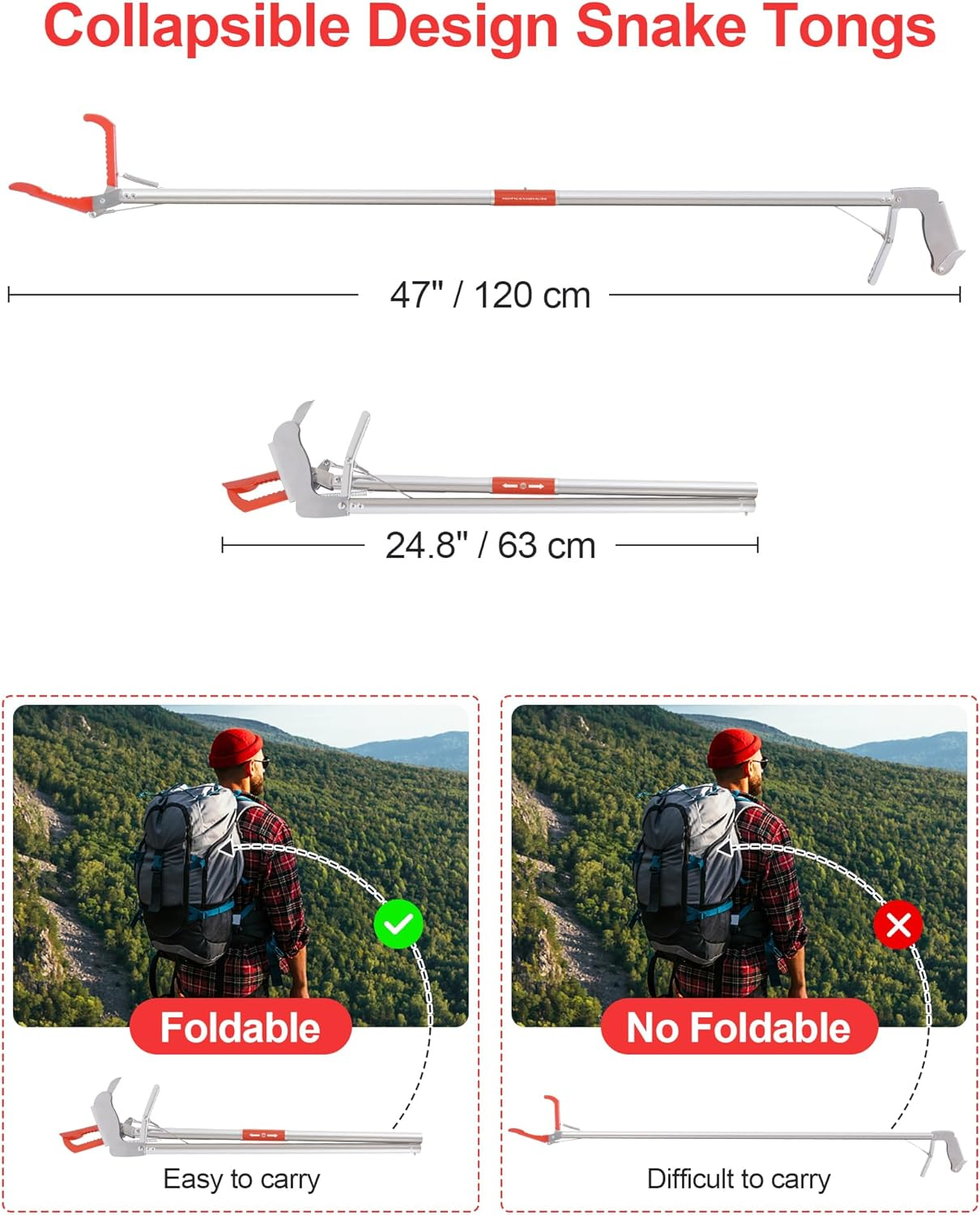 ZOTO 47" Snake Grabber Tool, Collapsible Snake Catcher Tongs, Professional Reptile Grabber Rattle Wide Jaw Handling Tool with Lock for Rattlesnake image number 2