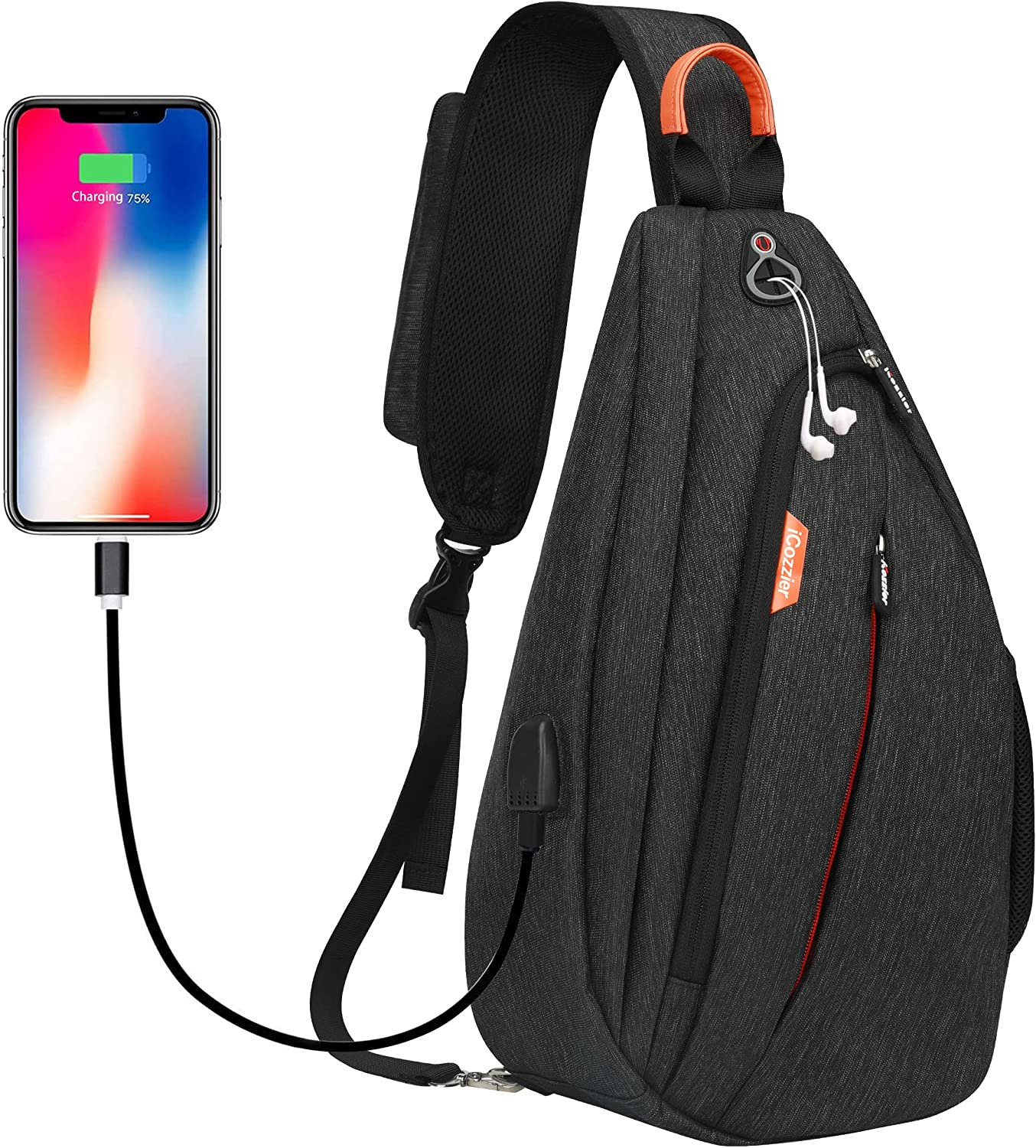 Icozzier Mens Sling Chest Bag Crossbody Backpack Shoulder Bag for Men Waterproof Outdoor Rucksack anti Theft Daypack with USB Charger Port& Bottle Holder for Biking Travel Cycling