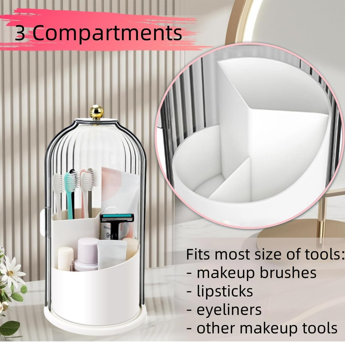 Makeup Brush Holder with Sliding Lid,360&deg; Rotating Dustproof Makeup Organizer, Concealed Toothbrush Holder,Waterproof Dustproof Holder for Toothbrush Toothpaste Cosmetics image number 2