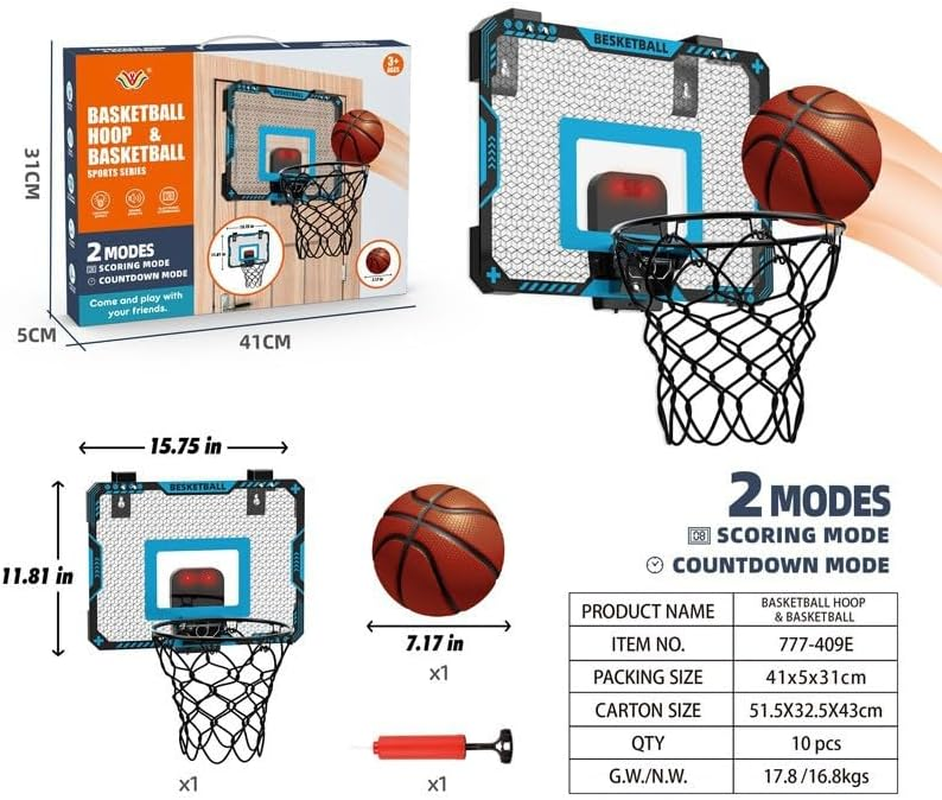 Aoiiigo Basketball Hoop with LED Lighting and Electronic Scoreboard with 2 Scoring Methods Mini over the Door Hoop for 4-12 Year Old Boys Girls Birthday Gift image number 5
