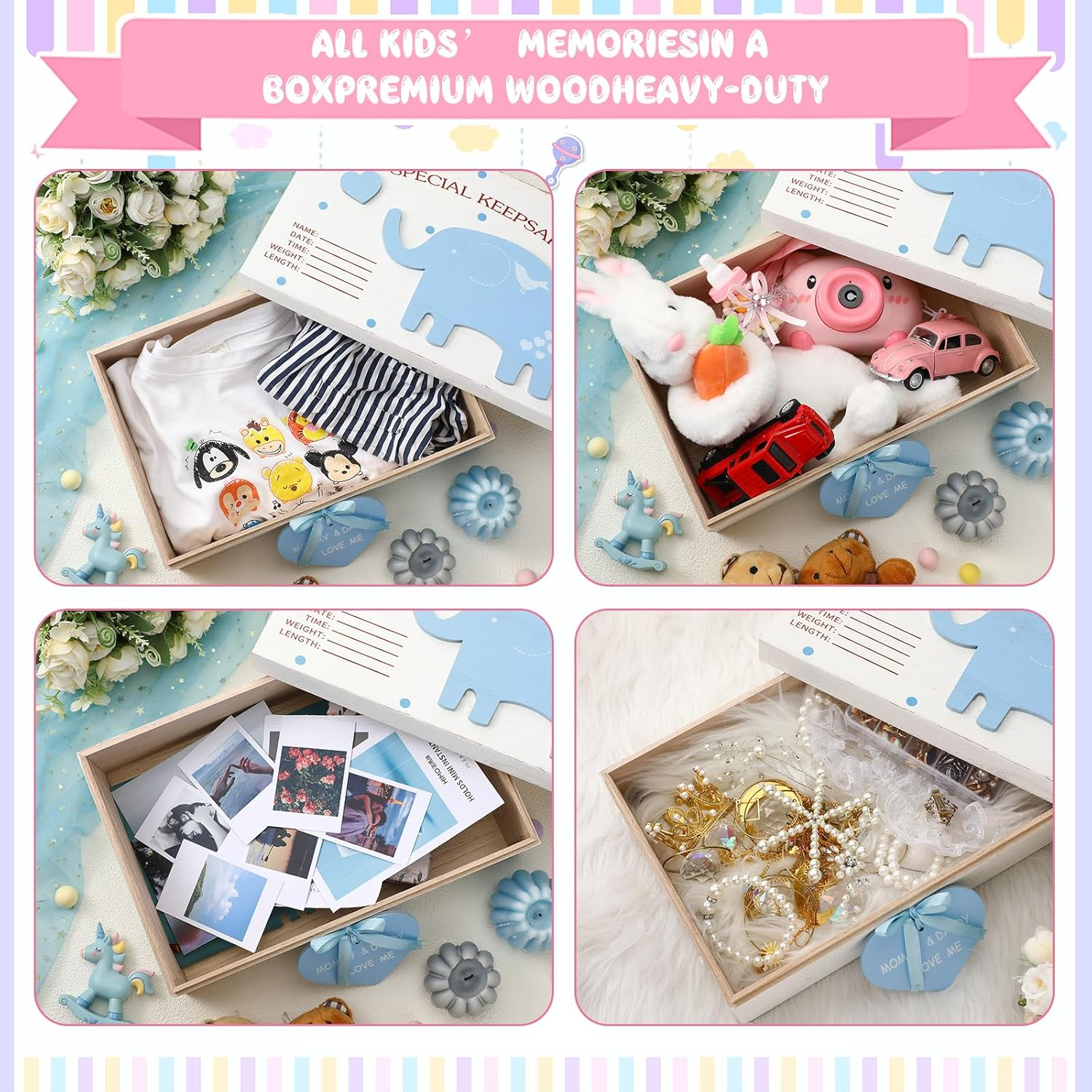 Soaoo 3D Wooden Baby Boys Memories Keepsake Box Baby Girls Elephant First Keepsake Box New Parent Newborn Baptismal Birthday Gift for Mementos 11.81'' X 7.87'' X 3.94''(Blue) image number 1
