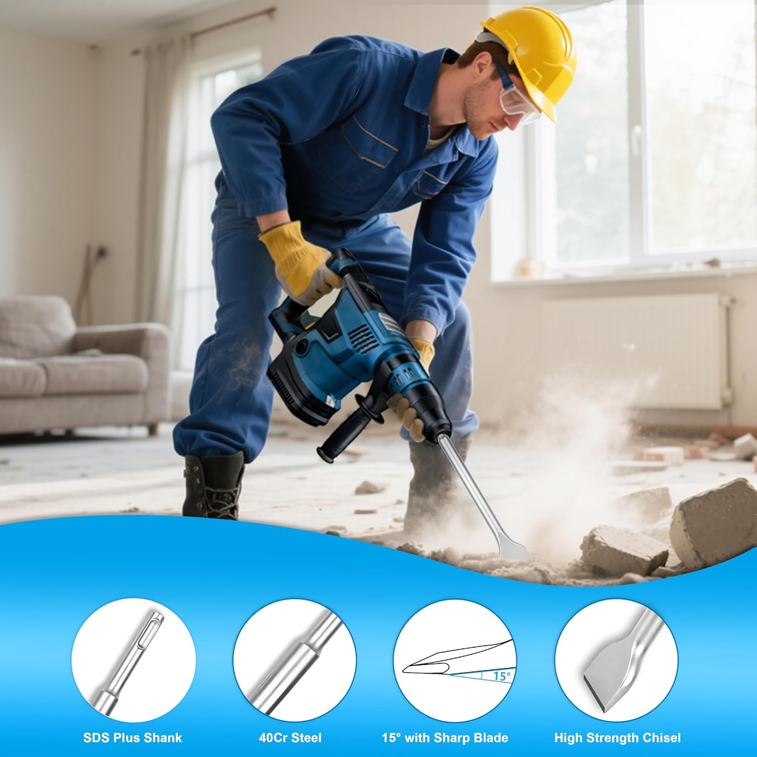 Nucraft SDS plus Chisel Set, 4 Piece Steel Tool Set (Wide, Flat, Pointed) Tile Chisels, Suitable for Masonry, Bricks, Walls, Granite, Concrete Rotary Hammer Chisels image number 5