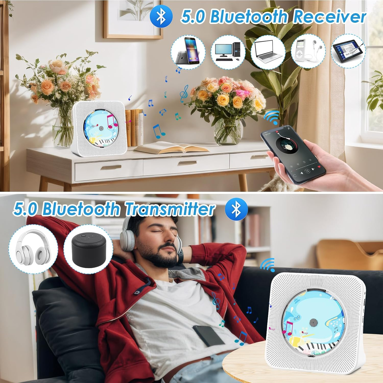 Qoosea CD Player Bluetooth Desktop CD Player with Speakers Portable CD Players for Home Kpop CD Player Bluetooth Receiver and Transmitter with LED Screen AUX Port FM Radio USB Port IR Remote Control image number 6