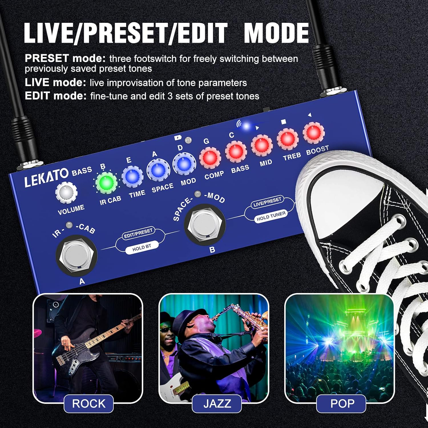LEKATO Bass Multi Effects Pedal, with IR Loading 9 AMP Models, Delay Reverb Chorus Distortion Overdrive, Processor for Bass Guitar, Bluetooth 5.0,Recording, Built-In Battery, (BC-01421BN)