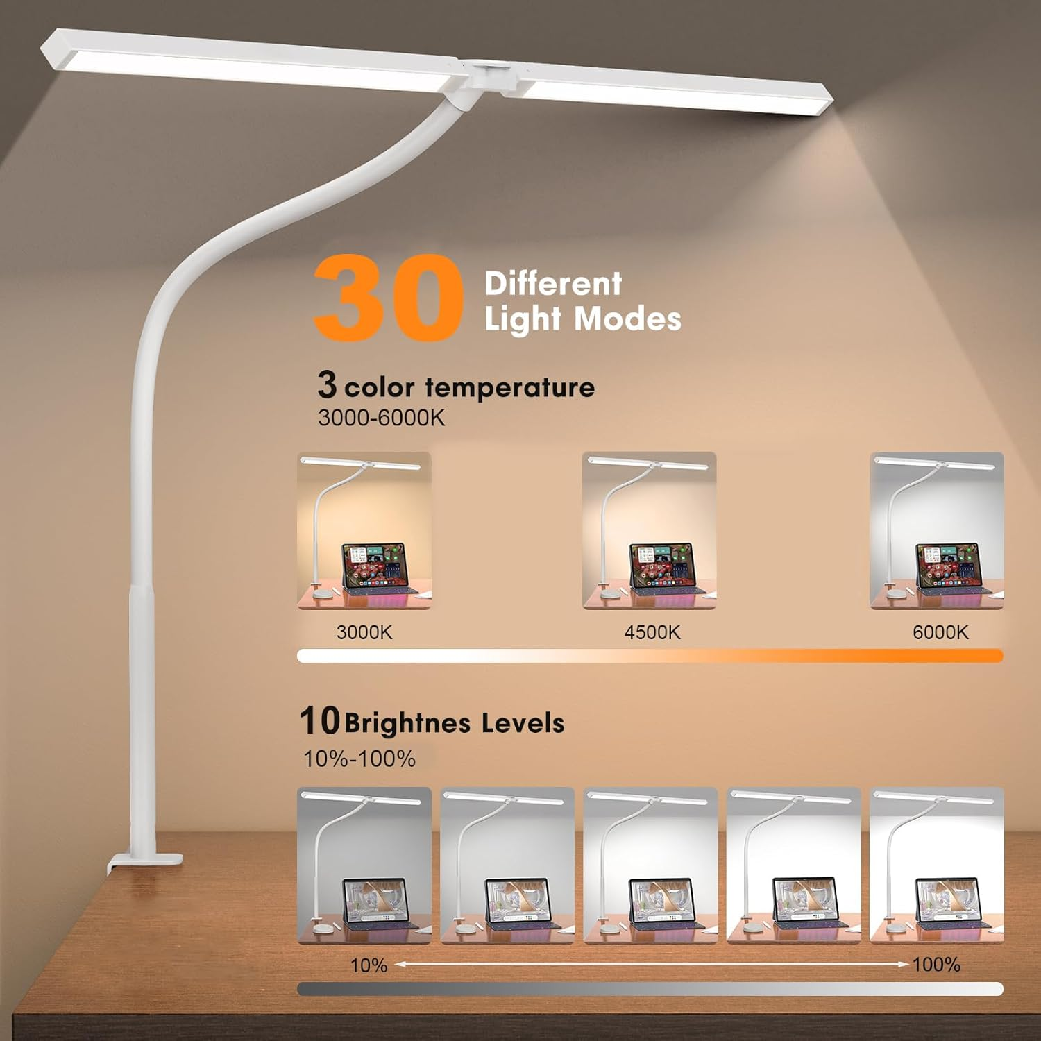 LED Desk Lamp Double Head, Eye-Caring Architect Desk Lamps for Home Office,3 Lighting Modes & 10 Level Brightness Adjustable Gooseneck Clamp Desk Light (White) image number 4