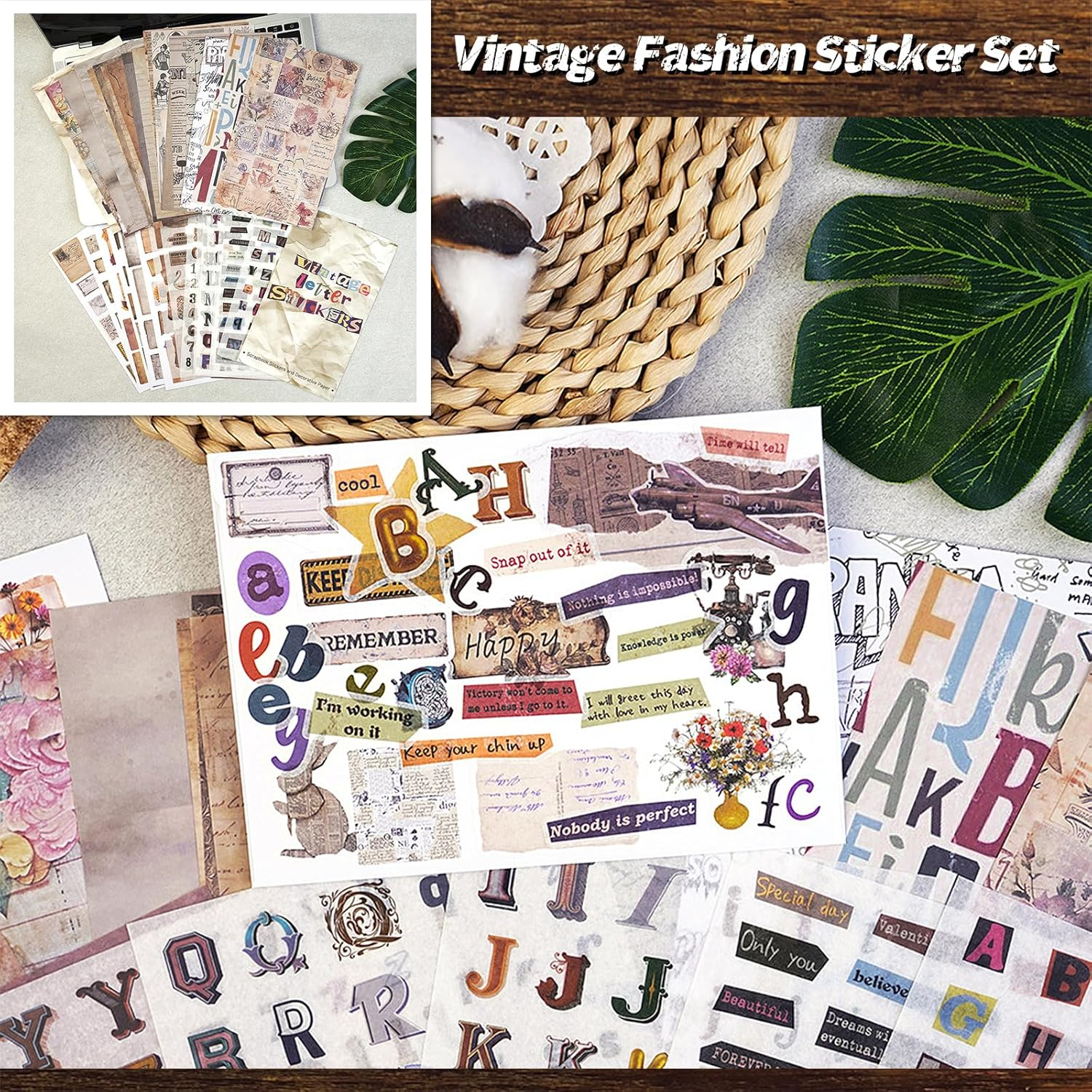 600+ Scrapbook Stickers and 20 Sheets Scrap Paper Book for Scrapbooking, Vintage Letter & Number Stickers for Journaling, Junk Journal Supplies, Planner, DIY Crafts Arts image number 4