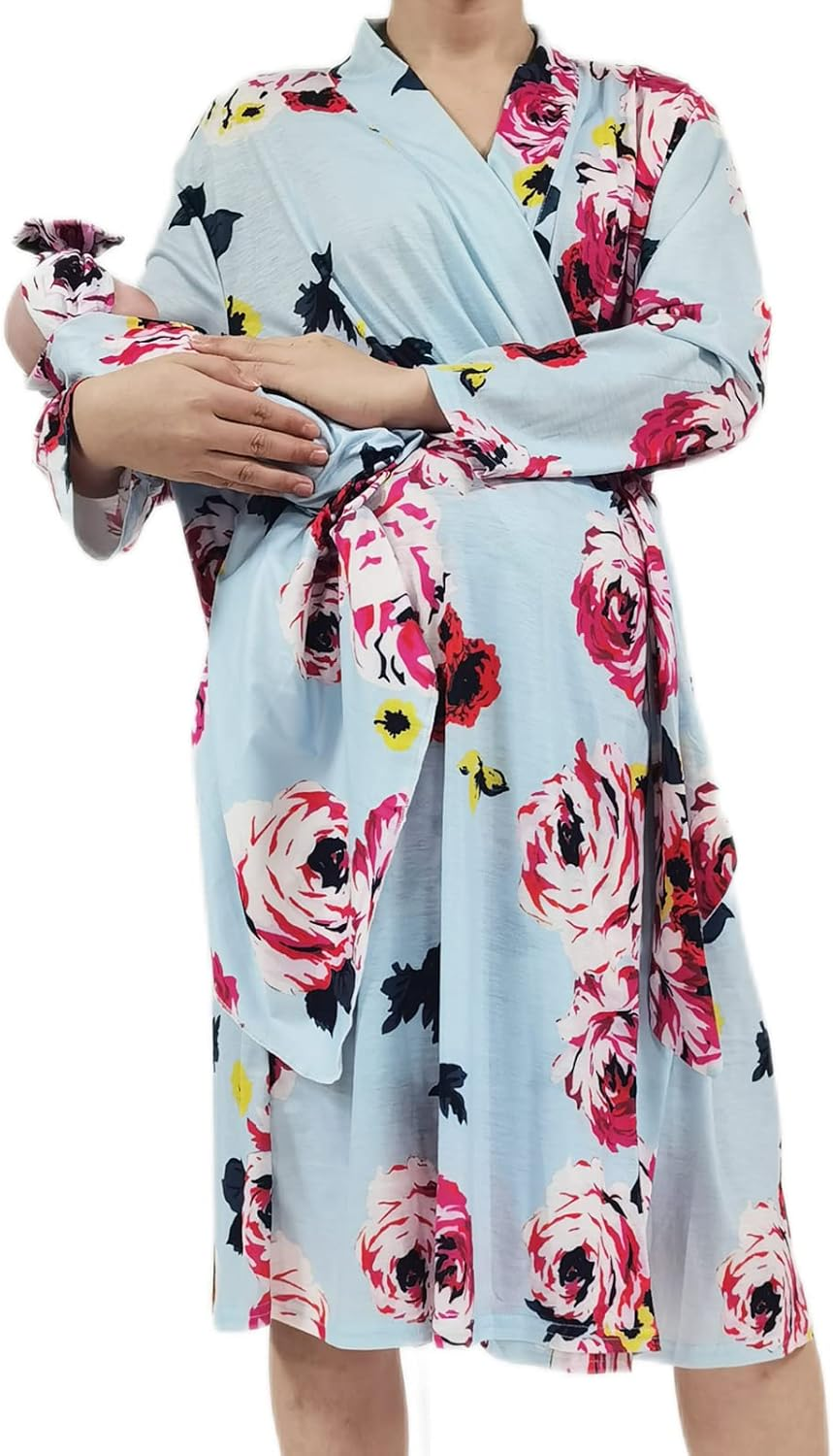 SUFEINI Maternity Robe and Matching Baby Swaddle Blanket Set, Mommy Robe with Receiving Blanket Girls Boys Sleepwear, A31-Green, Small