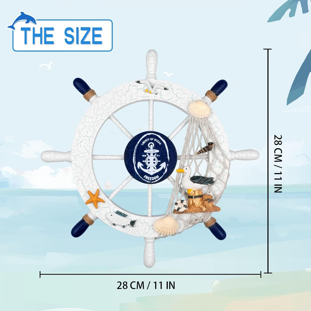 2 Pack 11 Wooden Ship Wheel and Wood Anchor with Rope Nautical Boat Steering Rudder Wall Decor Door Hanging Ornament (2) - Blue,White image number 6