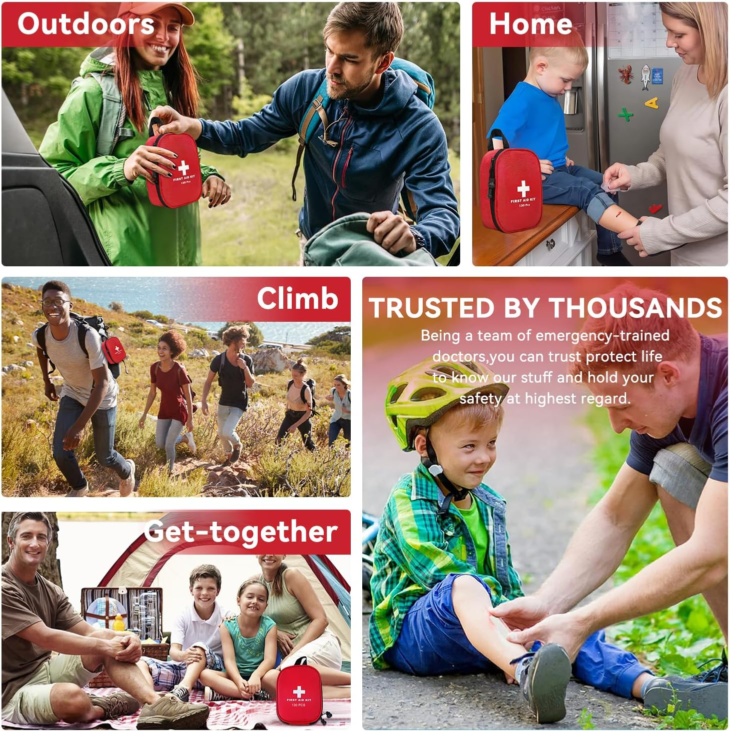 First Aid Kit, 130PCS Travel First Aid Kit，Emergency Survival Hiking Kit, Family First Aid Camping Bag,Waterproof Medical Pouch for Travel，Outdoor,Workplace, Home, Garage, Emergency Bag image number 2