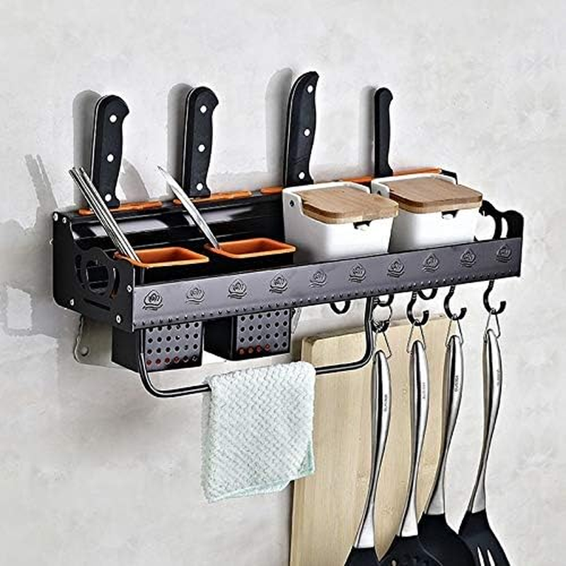Kitchen Shelf C Version 50Cm 2 Cups 10 Hooks Kitchen Multi-Function Wall-Mounted Condiment Holder Storage Rack (Black) Kitchen Shelf (Color : Black) image number 3