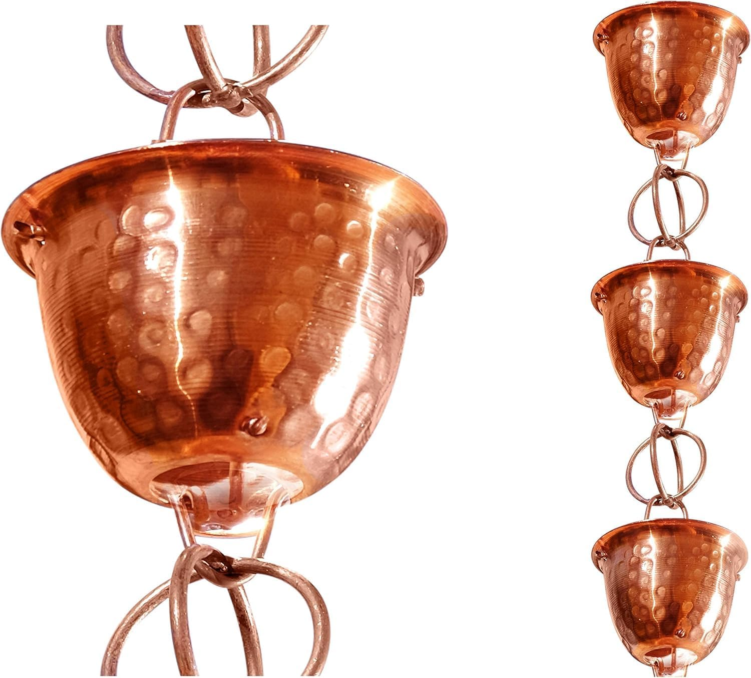 Monarch Rain Chains 26558 Pure Copper Hammered Cup Rain Chain Replacement Downspout for Gutters, 8-1/2 Feet Length image number 2