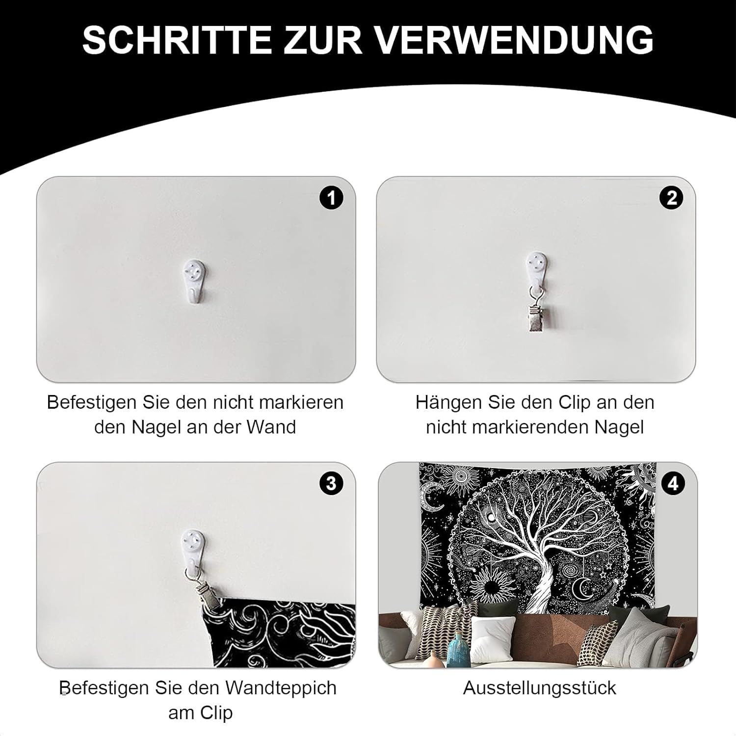 Tapestry Wall Hanging, Black and White Tree of Life Tapestries Moon Phases Tapestry for Living Room Bedspread Room Bedroom (L/150 X 200 Cm) image number 4