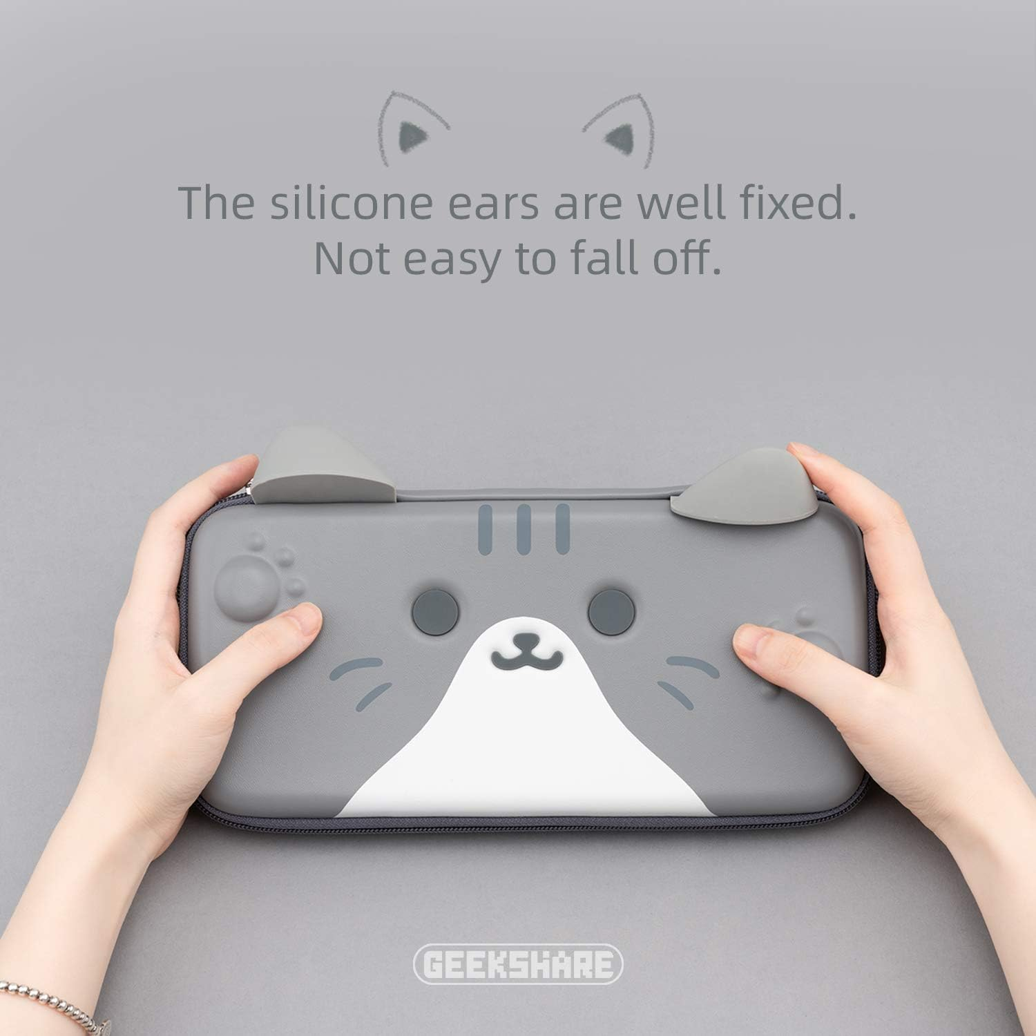 Geekshare Cat Ears Carry Case Compatible with Switch - Portable Hardshell Slim Travel Carrying Case Fit Switch Console & Game Accessories (Grey) image number 6
