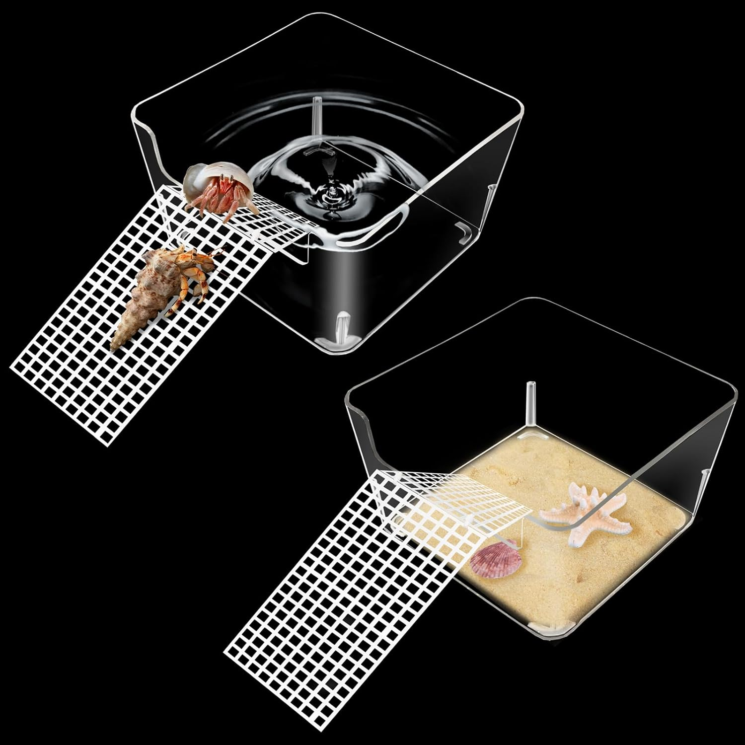 2 Pack Hermit Crab Water Tank, Cage Accessories with Climbing Ramp, Aquarium Salt Water Pool for Small or Medium Habitat Home &ndash; Transparent