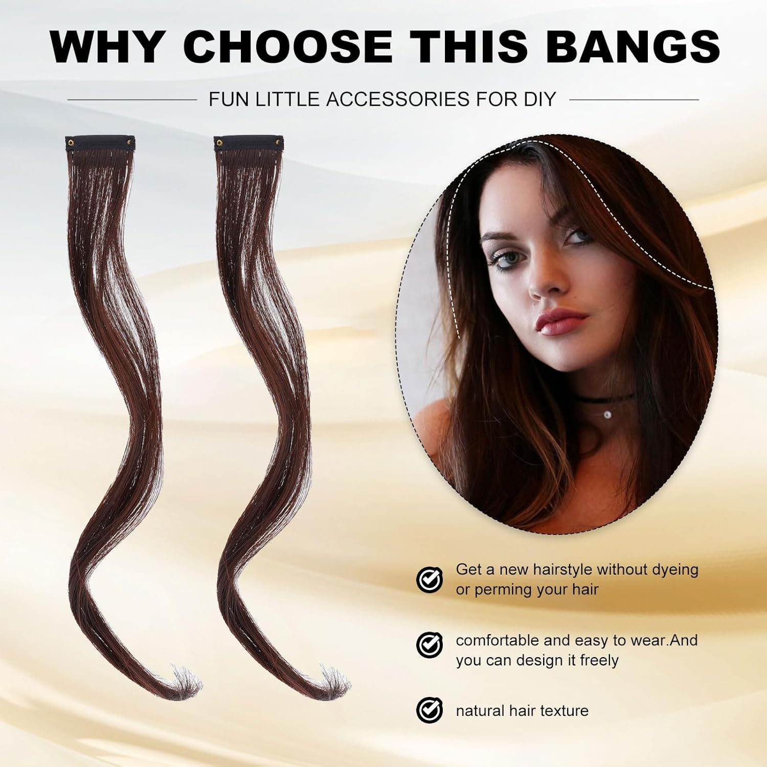 NICENEEDED Light Brown Clip-In Fake Bangs, Hair Clip in Extensions, Artificial Pony, Wavy, Curly, Long, Side Air Bangs Clips, Hair Clips