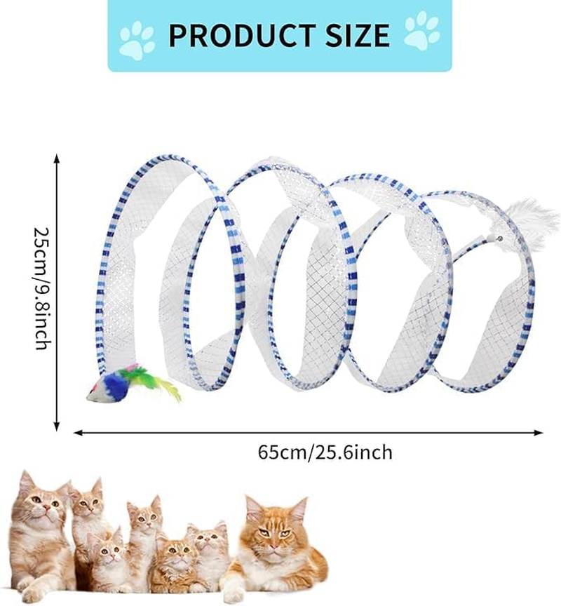 Andiker Cat Tunnel Toy, 10 Inch Foldable Metal Cat Feather Toy with Nylon Net, Feather, Mouse and Bell, Interactive Cat Toy for Indoor Cats (Yellow)