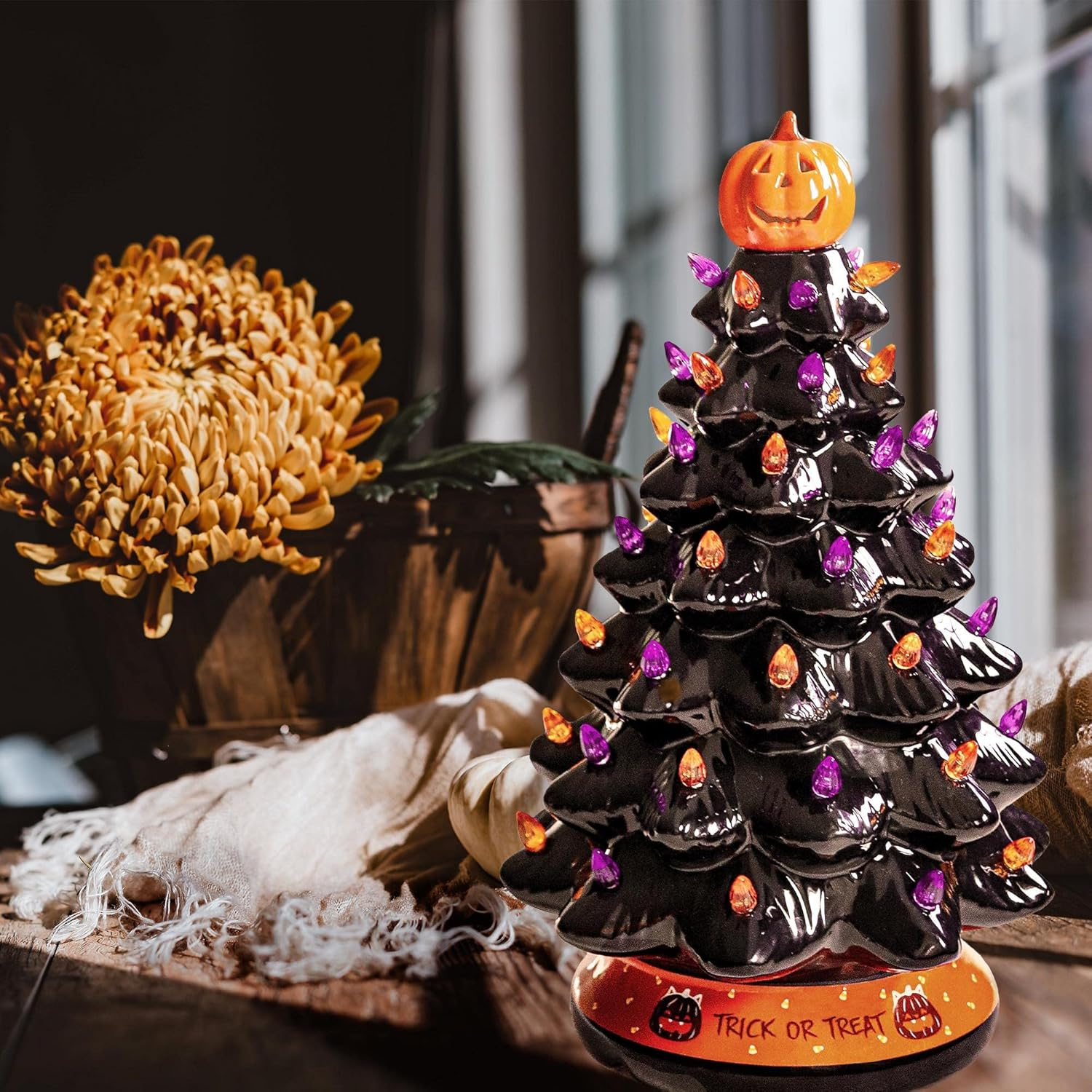 RJ Legend Ceramic Tree - Christmas Decorations, Orange Pumpkin Head-Home Decoration over 50 Multicolor Bulbs, LED Light up by Battery - Black, 15 Inch