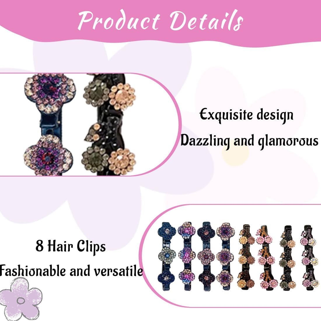 ZEPIQOR Women'S Hair Clips, Pack of 8 Hair Clips, Flower Hair Clips, Sparkling Crystal Stone Braided Hair Clips, Sparkling Crystal Stone Braided Hair Clips for Women image number 2